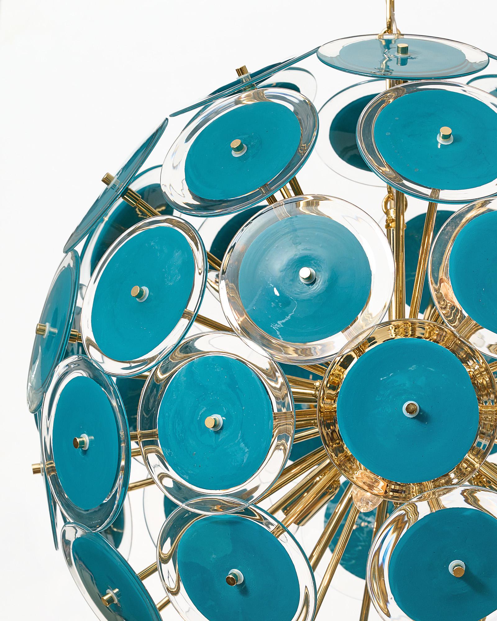 Mid-Century Modern Murano Glass Disc Teal Sputnik Chandelier For Sale