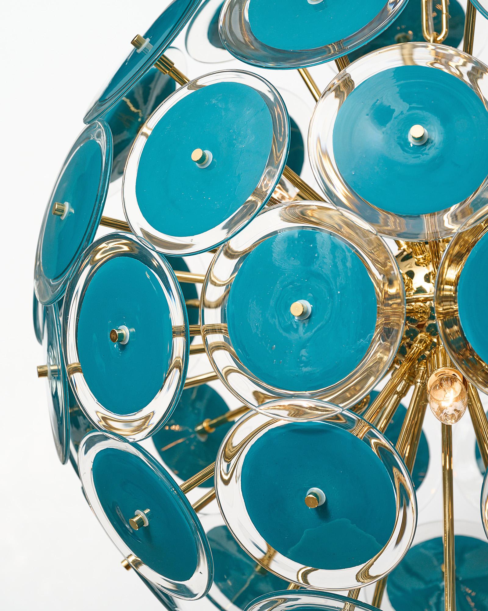 Italian Murano Glass Disc Teal Sputnik Chandelier For Sale