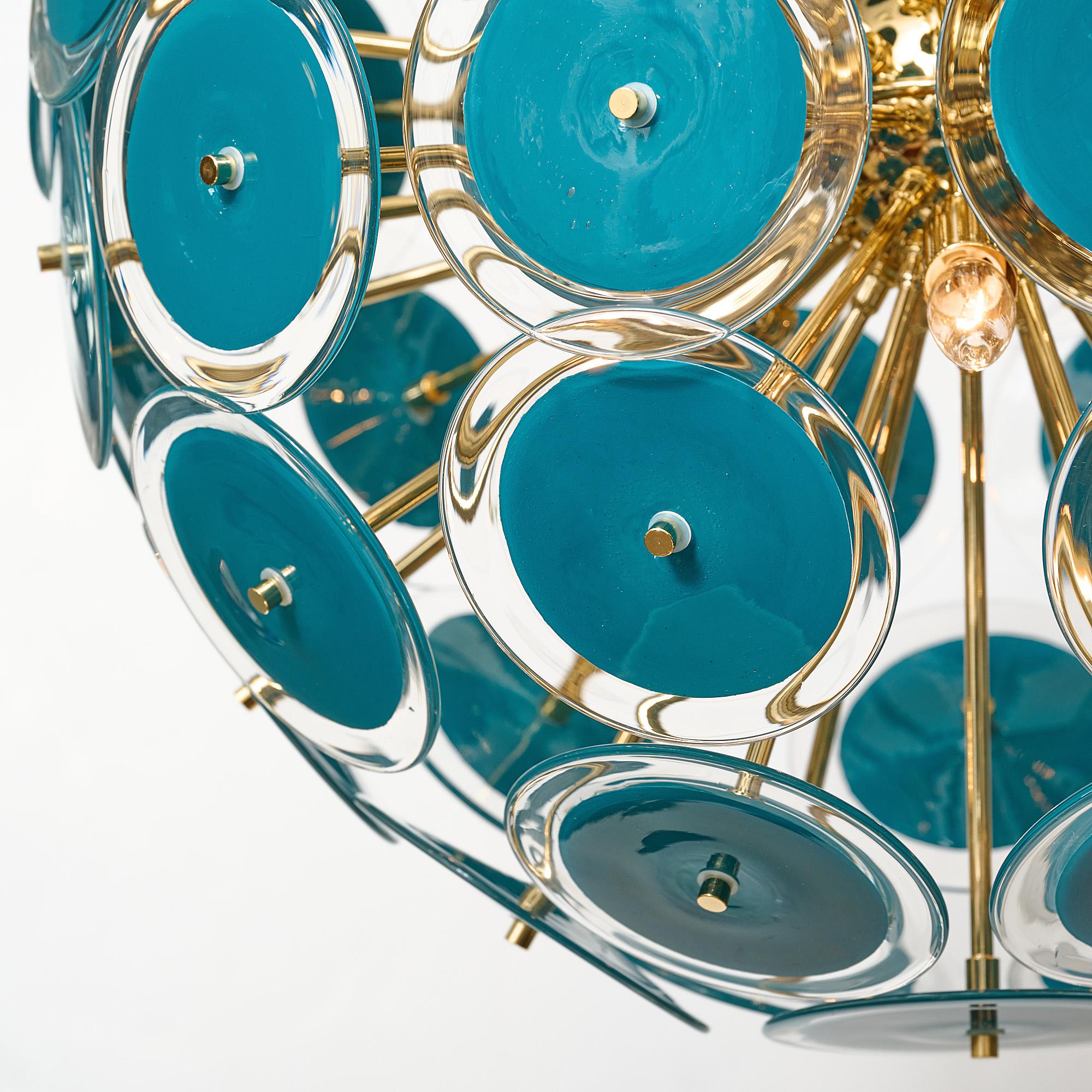 Brass Murano Glass Disc Teal Sputnik Chandelier For Sale