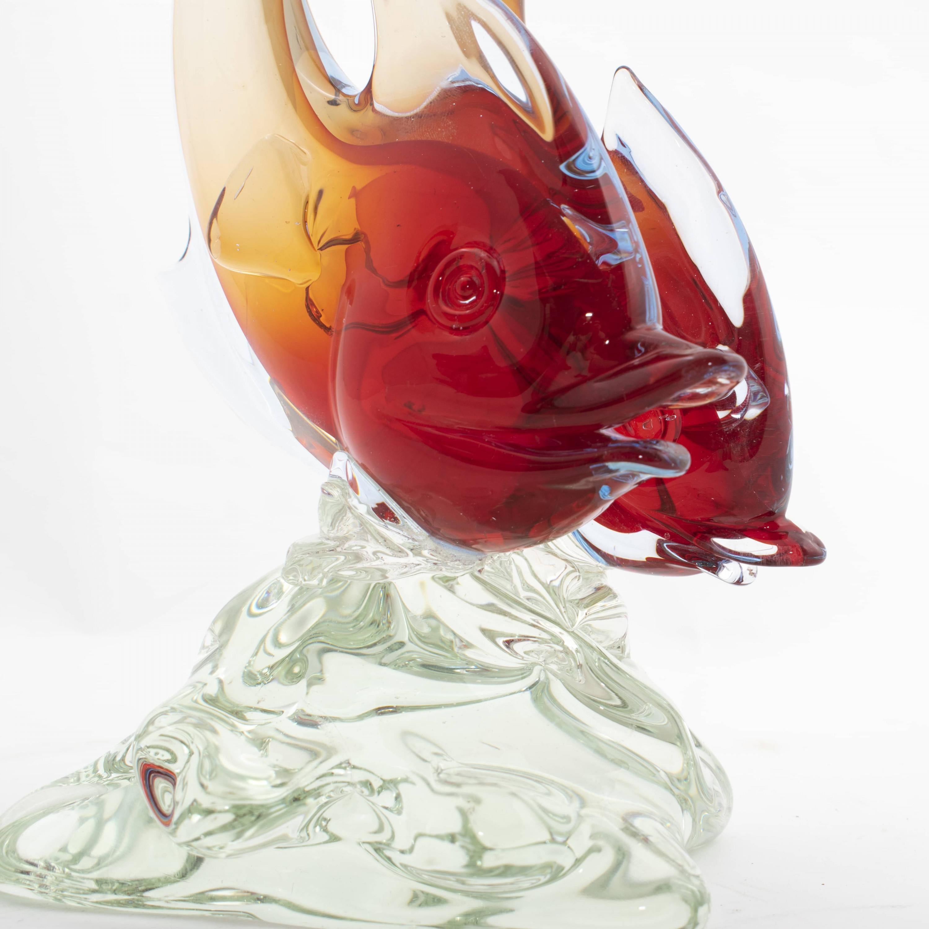 Art Glass Murano Glass Double Fish Sculpture by Licio Zanetti, 1960s For Sale