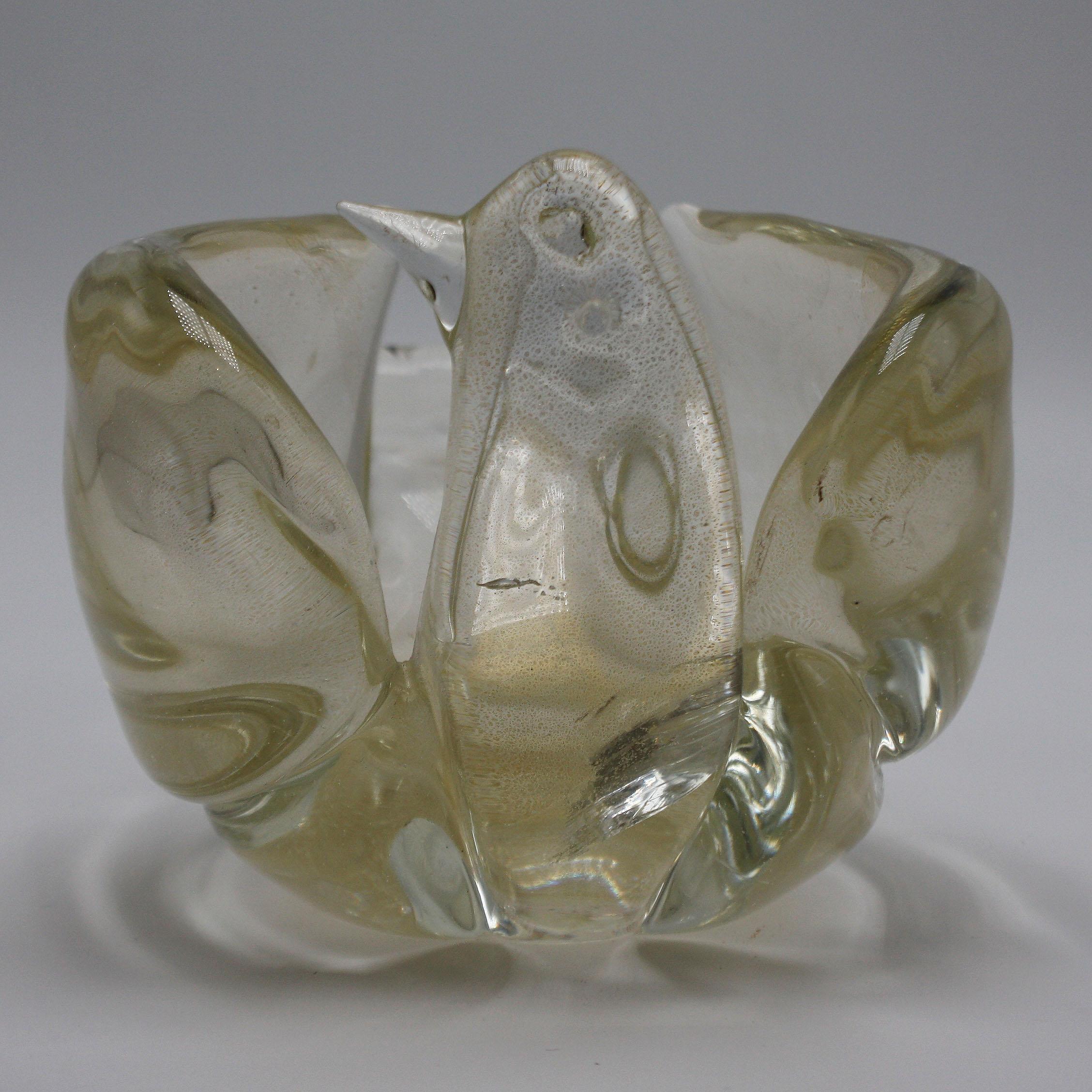 Murano glass dove bowl with gold flecks, circa 1950
Measures: 7” W x 4 3/4” D x 3 3/4” H.