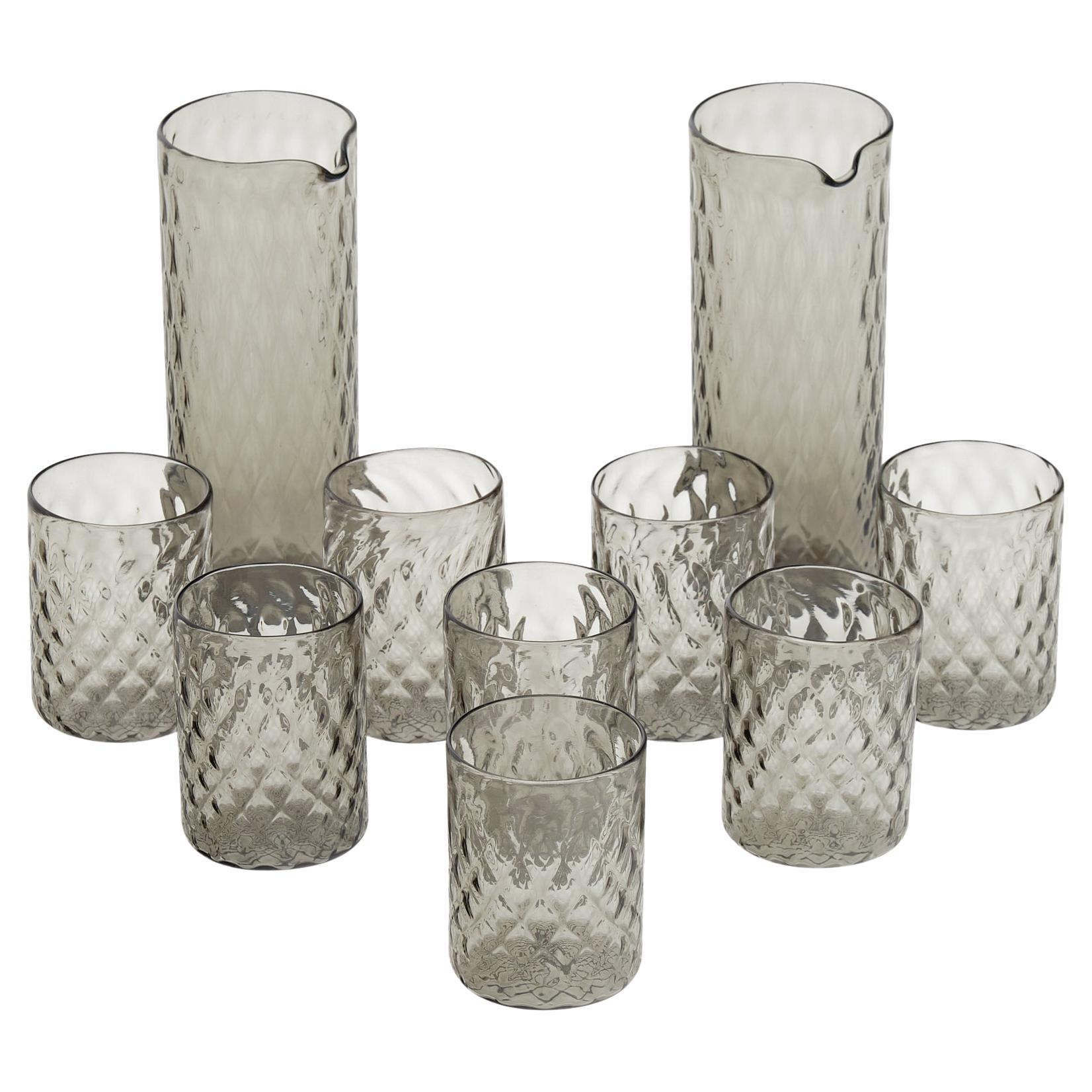 Mid-Century Modern Murano Glass Drinking Set: 8 Glasses & 2 Pitchers For Sale