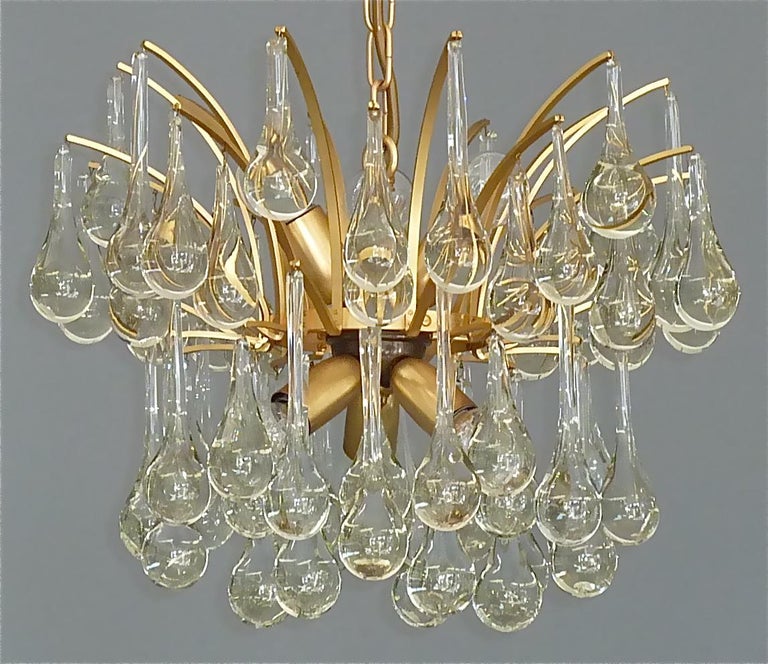 Murano Glass Drop Chandelier Sputnik Gilt Brass Palme 1960s Venini Style For Sale 5