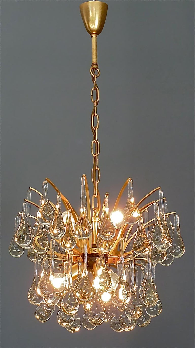 Murano Glass Drop Chandelier Sputnik Gilt Brass Palme 1960s Venini Style For Sale 7