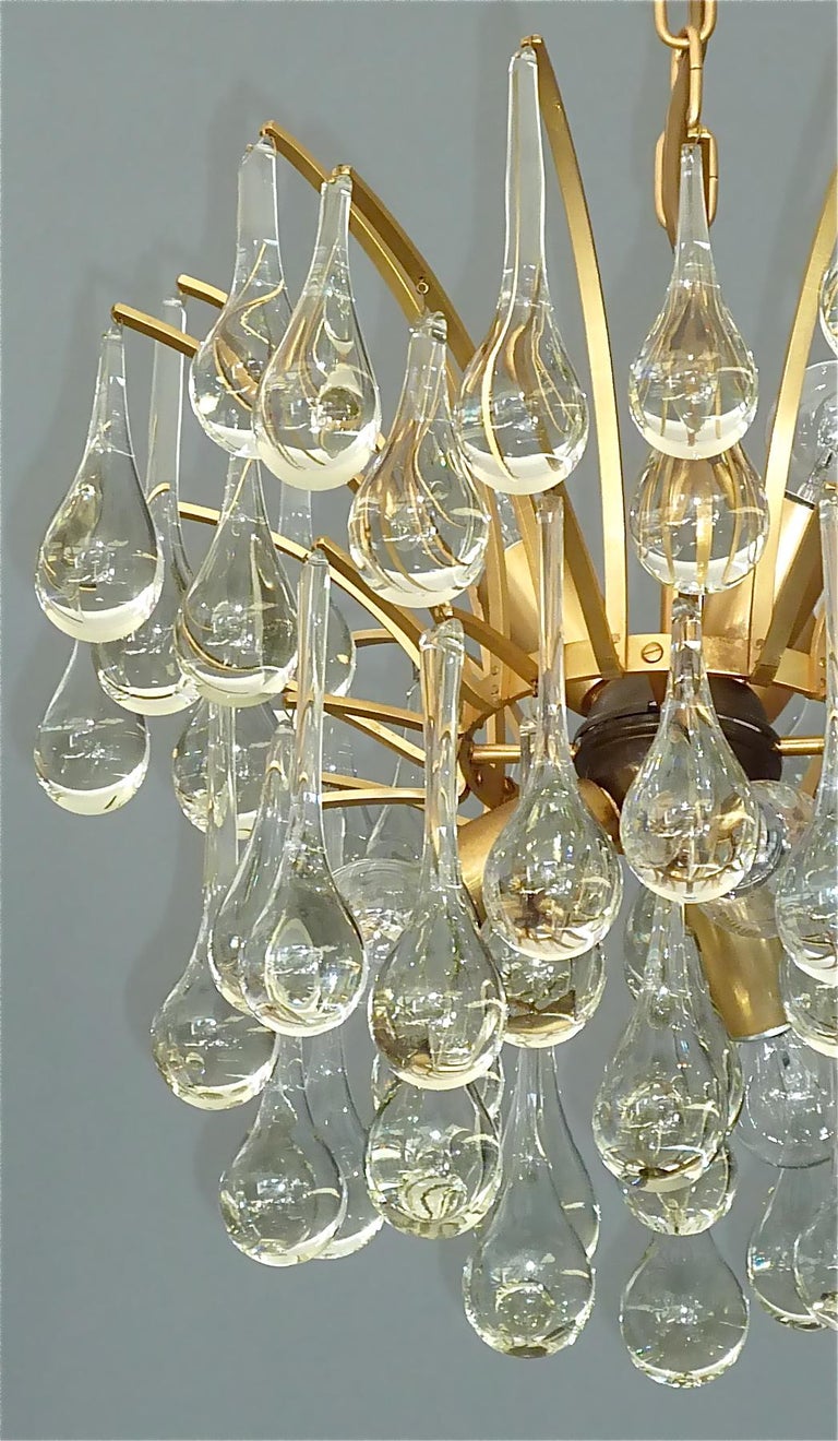 Hollywood Regency Murano Glass Drop Chandelier Sputnik Gilt Brass Palme 1960s Venini Style For Sale