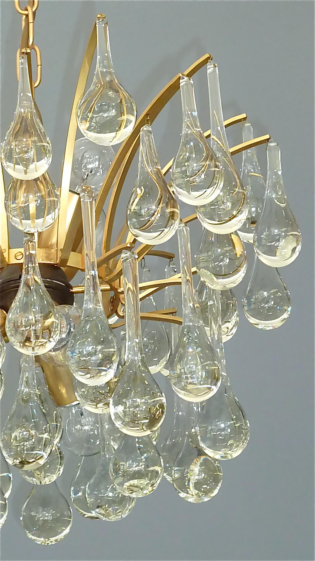 Hollywood Regency Murano Glass Drop Chandelier Sputnik Gilt Brass Palme 1960s Venini Style