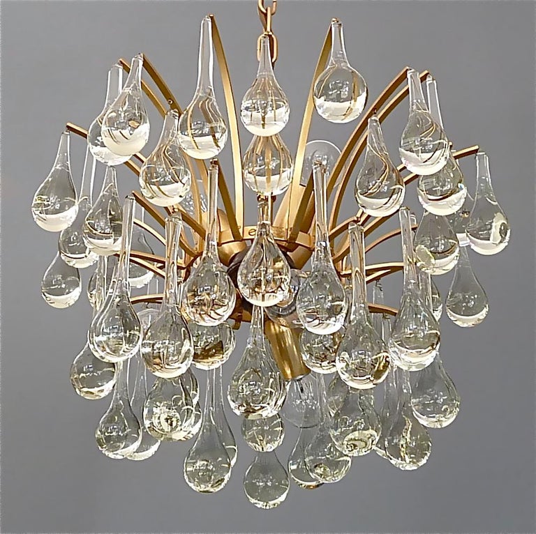 Mid-20th Century Murano Glass Drop Chandelier Sputnik Gilt Brass Palme 1960s Venini Style For Sale