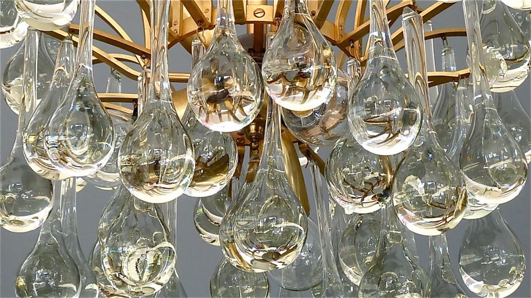 Metal Murano Glass Drop Chandelier Sputnik Gilt Brass Palme 1960s Venini Style For Sale
