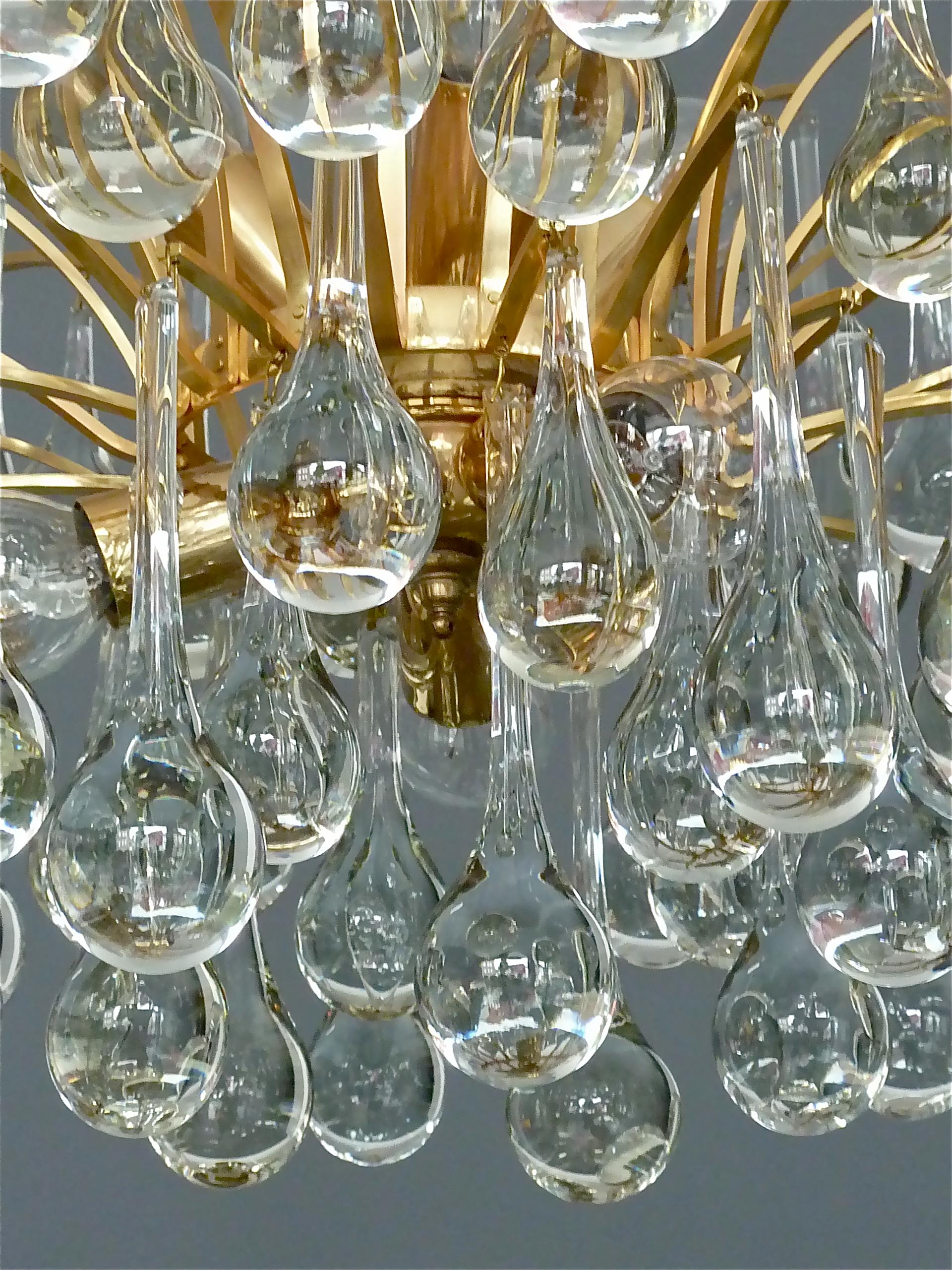 Murano Glass Drop Chandelier Sputnik Gilt Brass Palme Lamp 1960s Venini Style For Sale 3