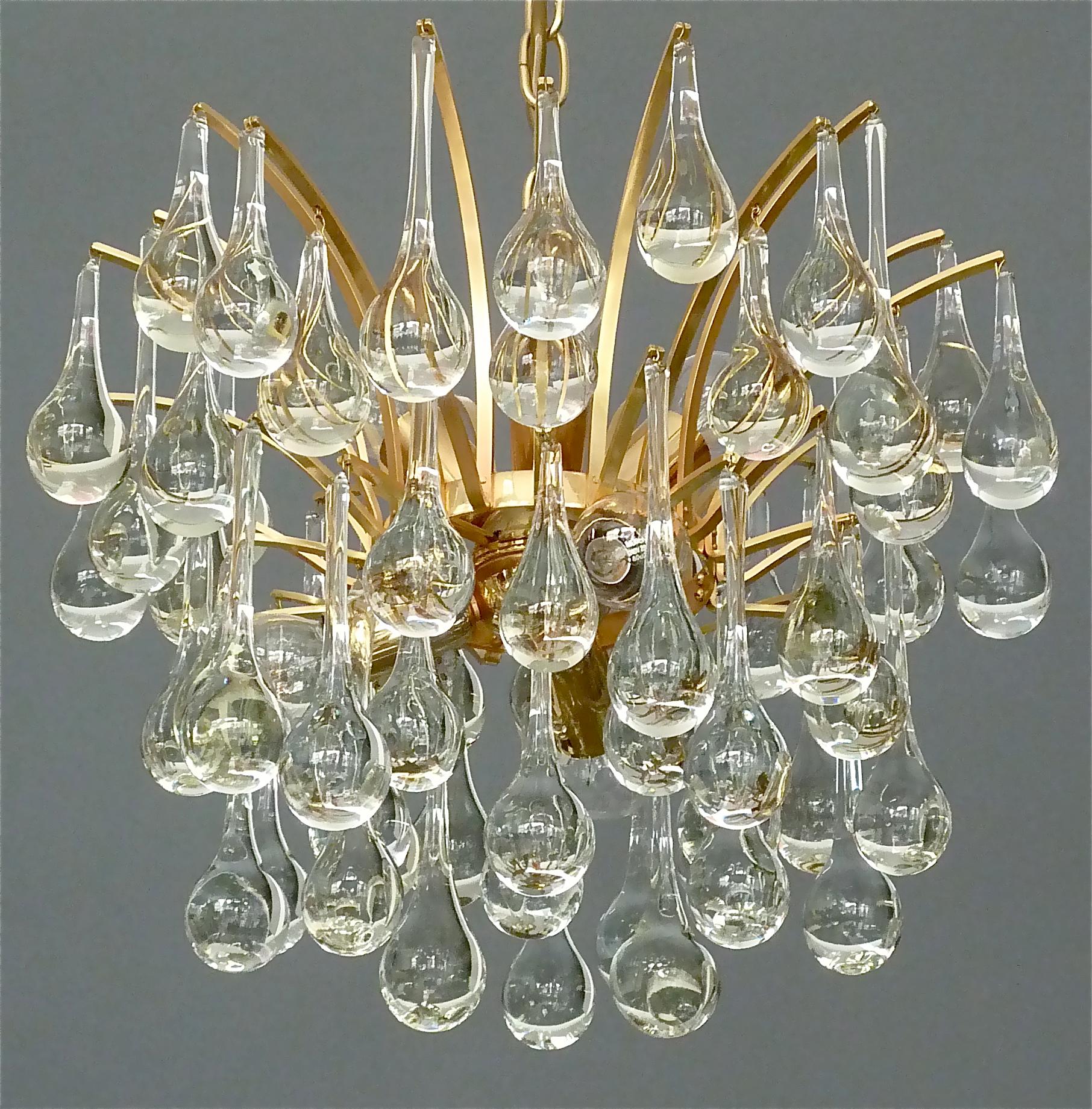 Hollywood Regency Murano Glass Drop Chandelier Sputnik Gilt Brass Palme Lamp 1960s Venini Style For Sale