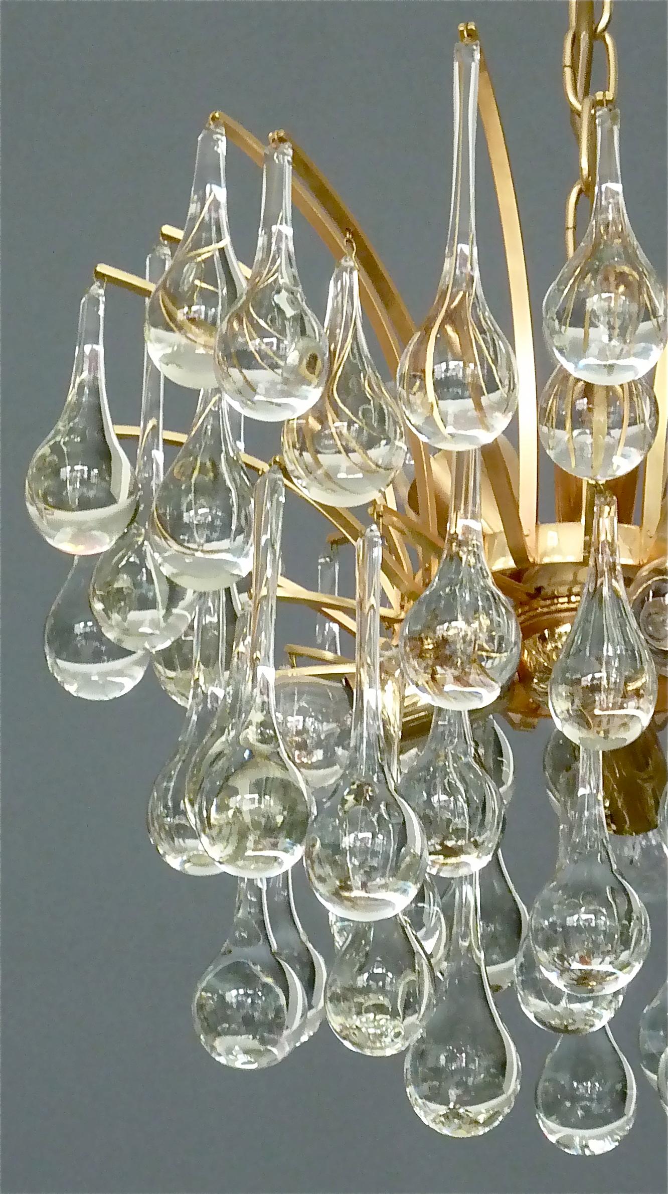 German Murano Glass Drop Chandelier Sputnik Gilt Brass Palme Lamp 1960s Venini Style For Sale