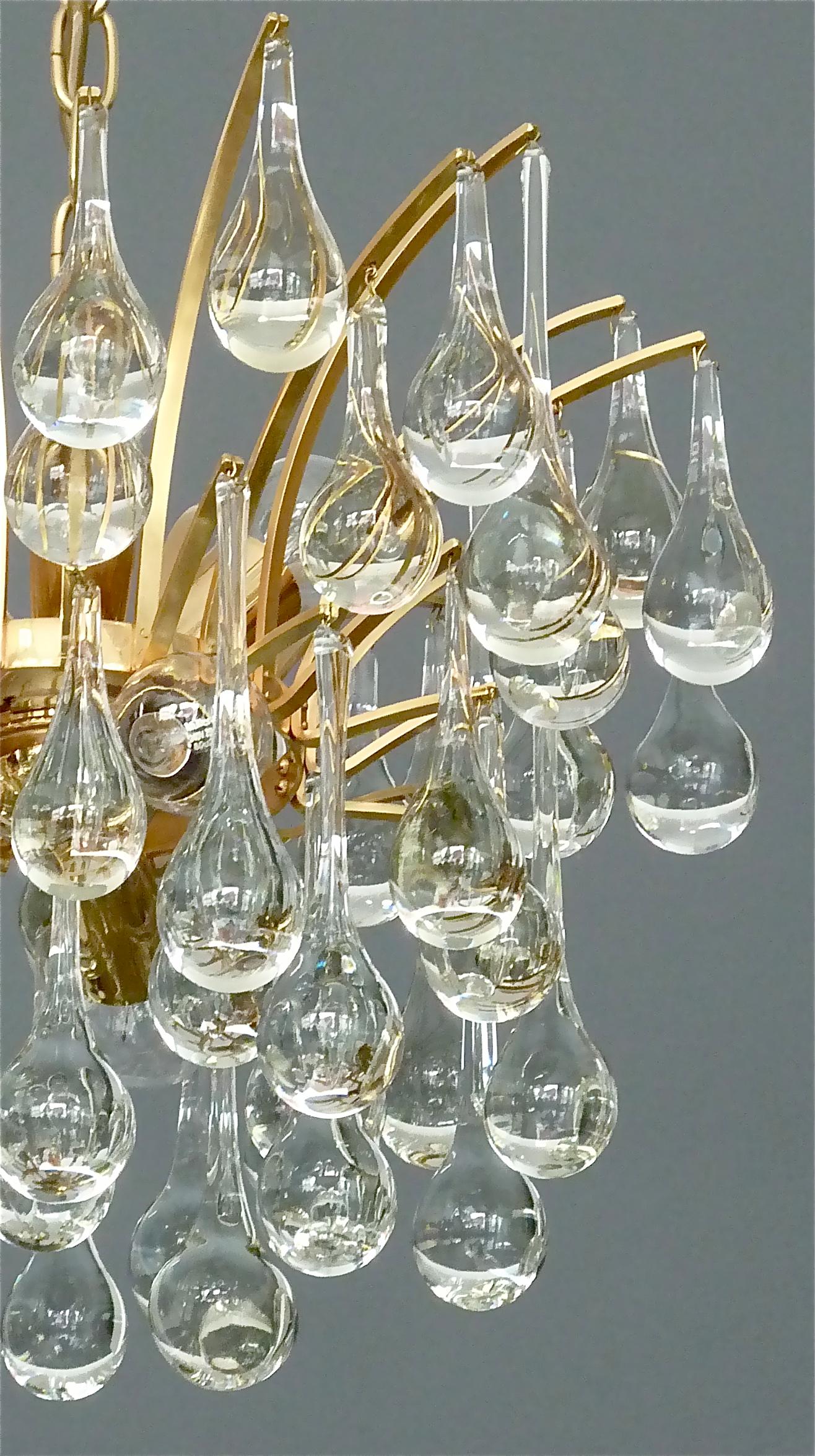 Murano Glass Drop Chandelier Sputnik Gilt Brass Palme Lamp 1960s Venini Style In Good Condition For Sale In Nierstein am Rhein, DE