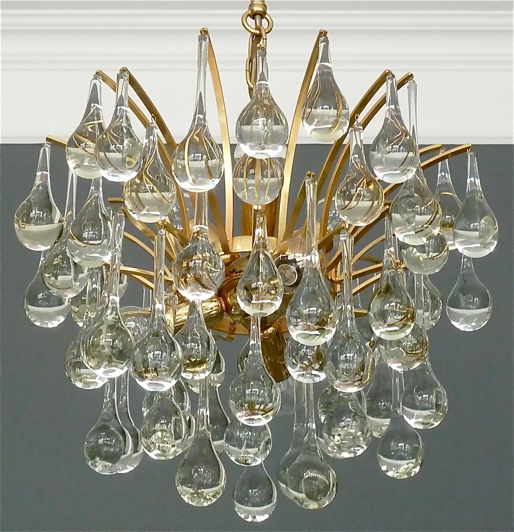 Mid-20th Century Murano Glass Drop Chandelier Sputnik Gilt Brass Palme Lamp 1960s Venini Style For Sale
