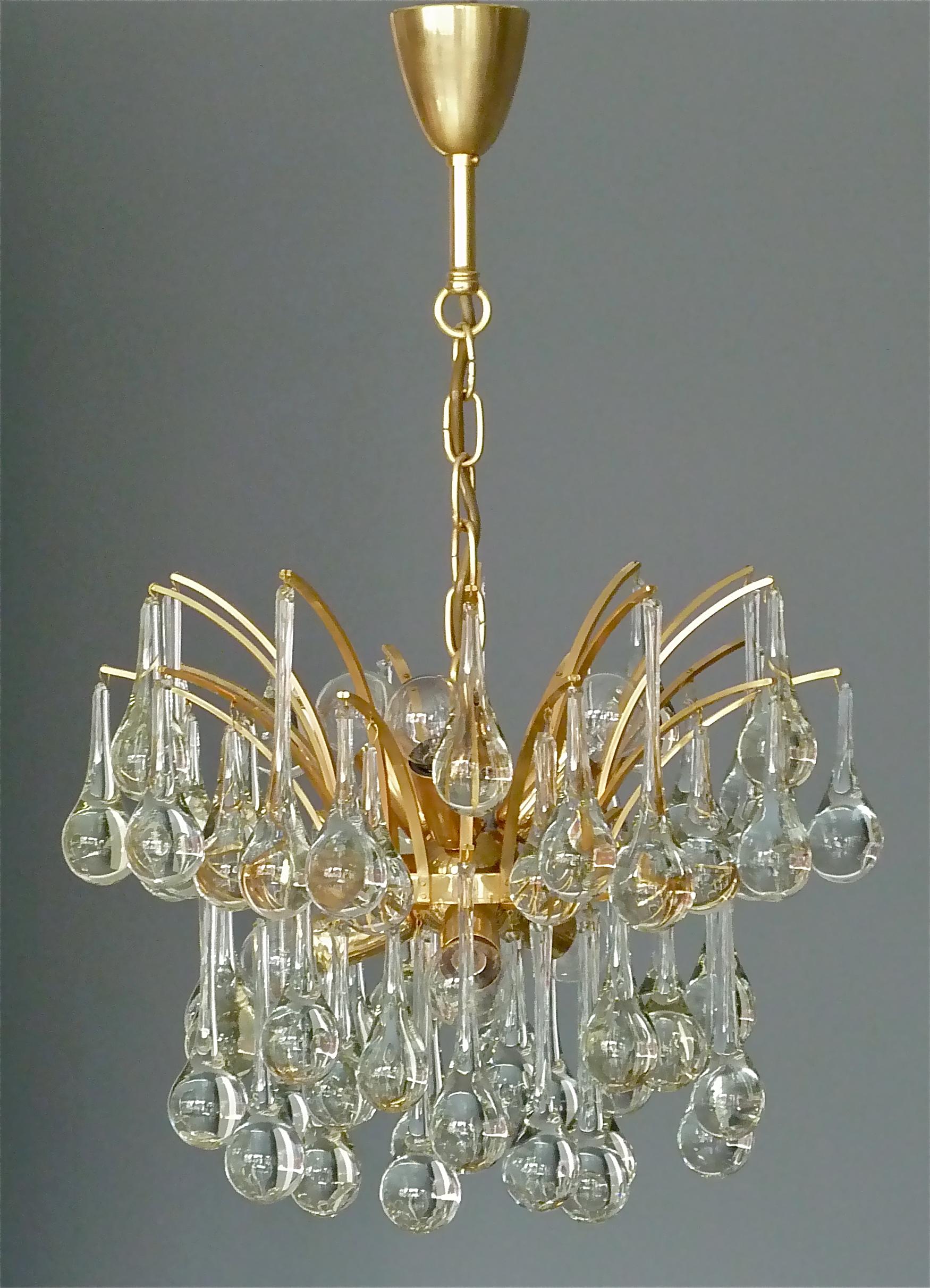 Metal Murano Glass Drop Chandelier Sputnik Gilt Brass Palme Lamp 1960s Venini Style For Sale