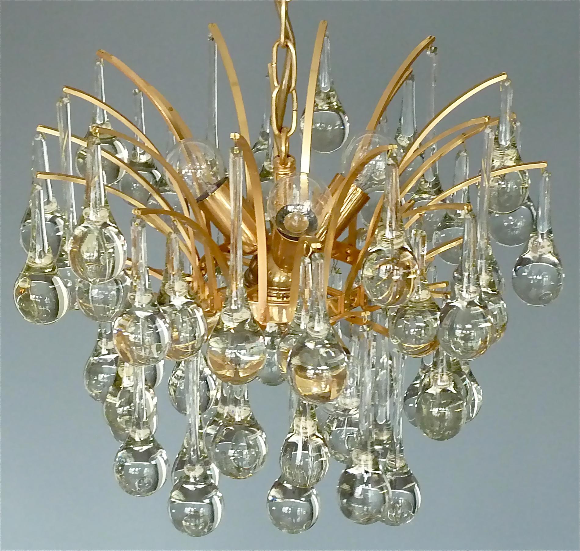 Murano Glass Drop Chandelier Sputnik Gilt Brass Palme Lamp 1960s Venini Style For Sale 2