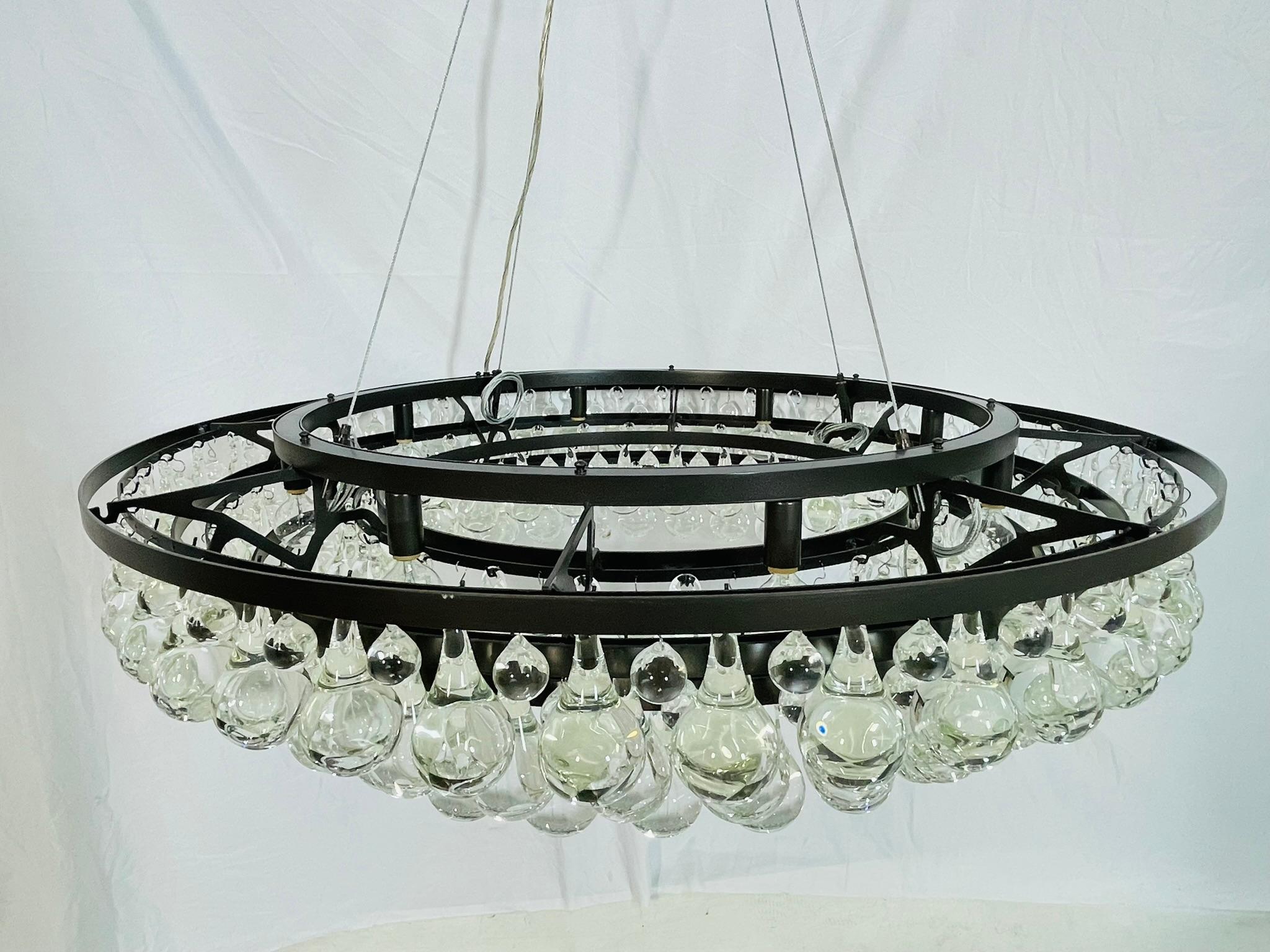 Hand-Crafted Murano Glass Drop Chandelier with Blackened Metal Frame, Made in Italy For Sale