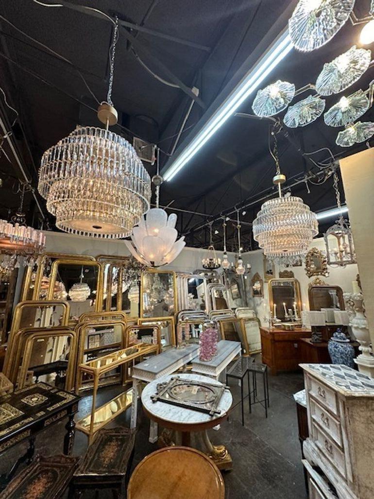Modern Murano glass and brass drum form chandeliers. The chandelier has been professionally rewired, comes with matching chain and canopy. It is ready to hang!