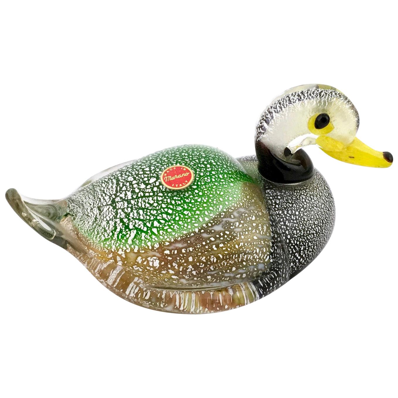 Murano Glass Duck with Silver Flakes, Italy, 1950s-1960s