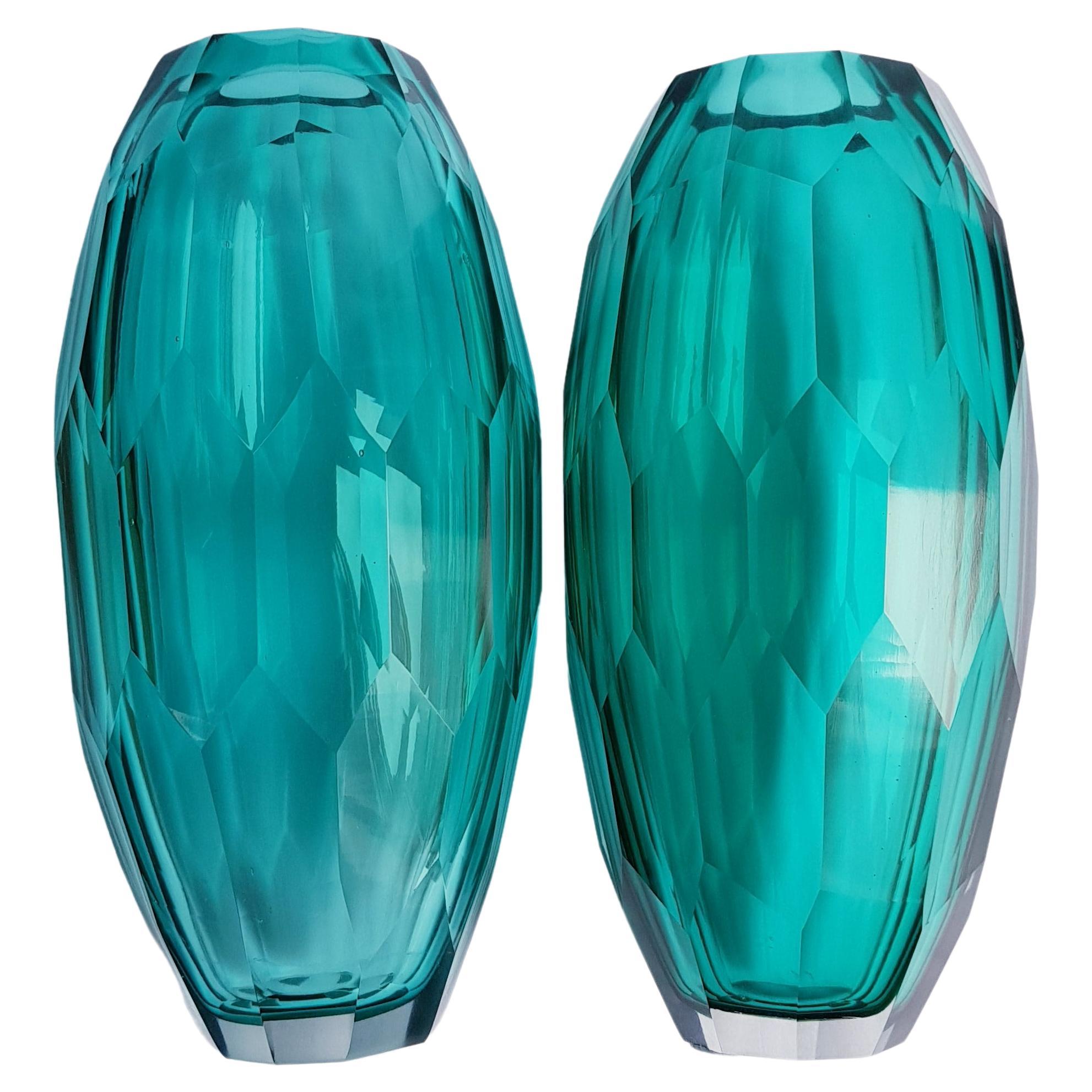 Murano Glass Emerald Battuto Vases For Sale