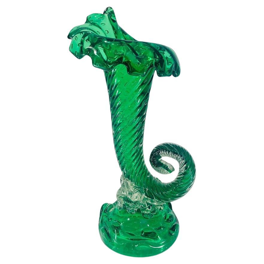 Large Murano glass emerald green circa 1950 "Cornucopia" vase.  For Sale