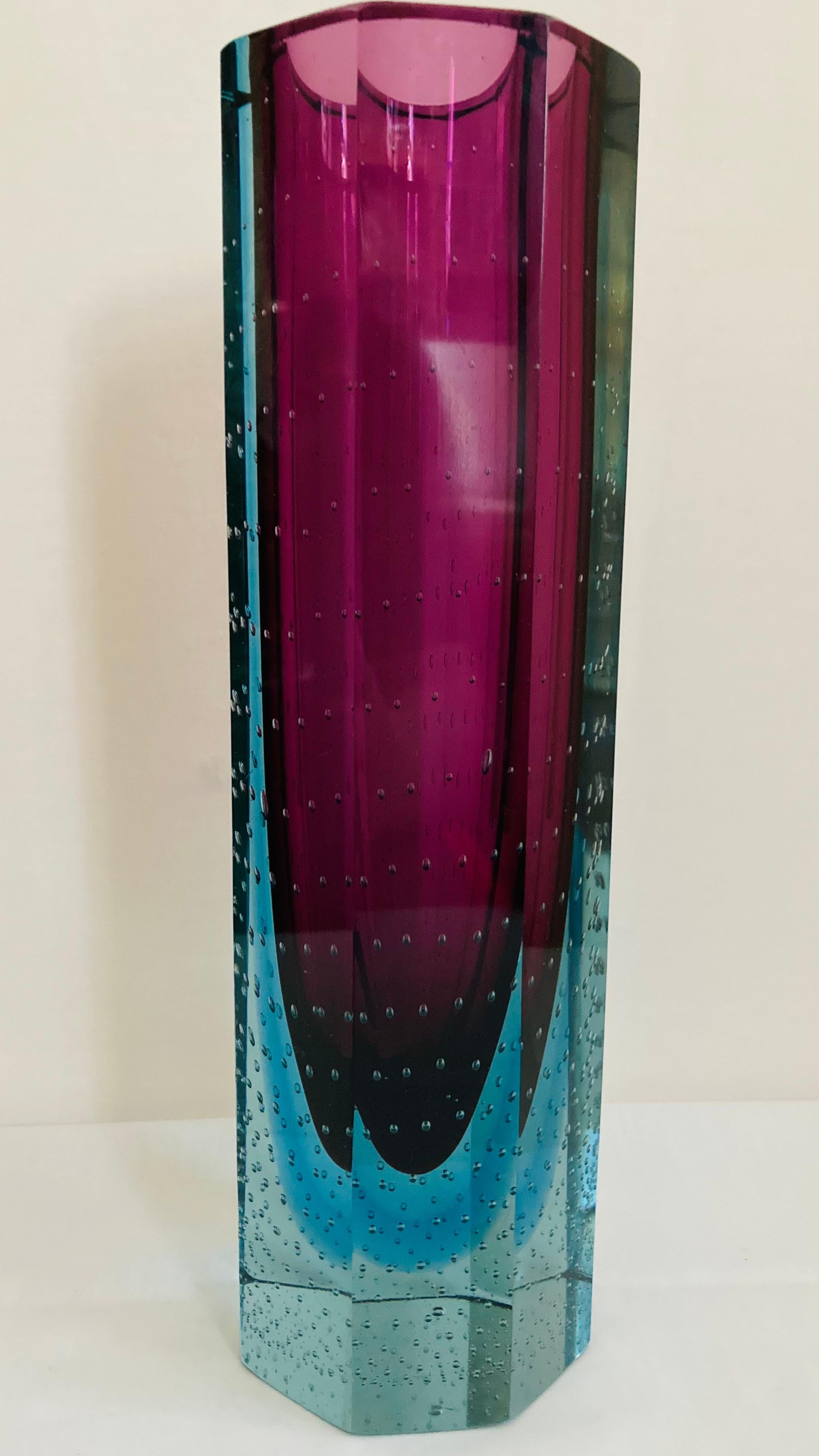 Beautiful rare large mid. of century hexagonal faceted somerso vase, purple, blue and clear with controlled bubbles by Flavio Poli for Seguso  brilliant condition  Very rare this dimensions. (3.7kg) and original sticker. 