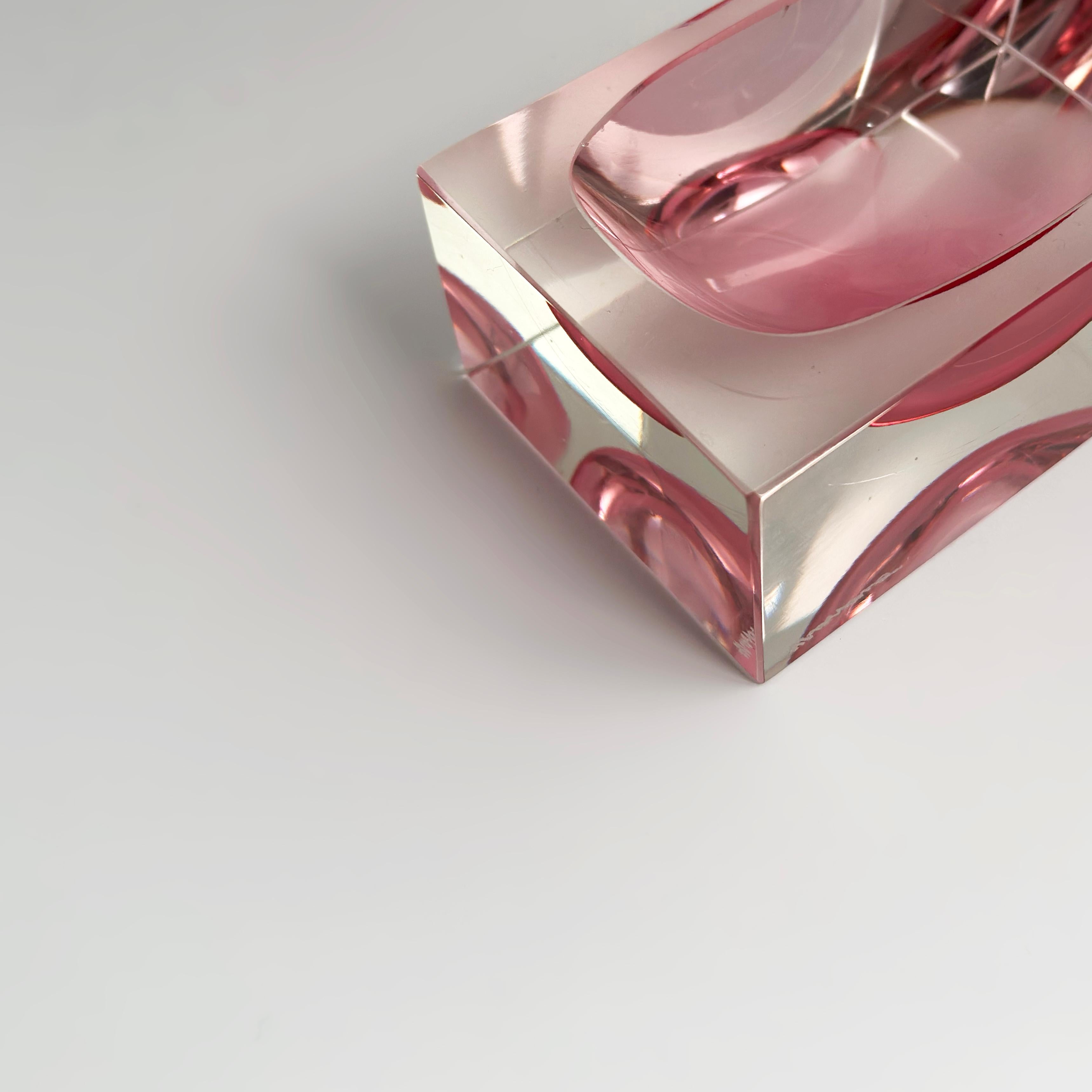 Murano Glass Faceted Rectangular Block Bowl in Pink, 1980s For Sale 5