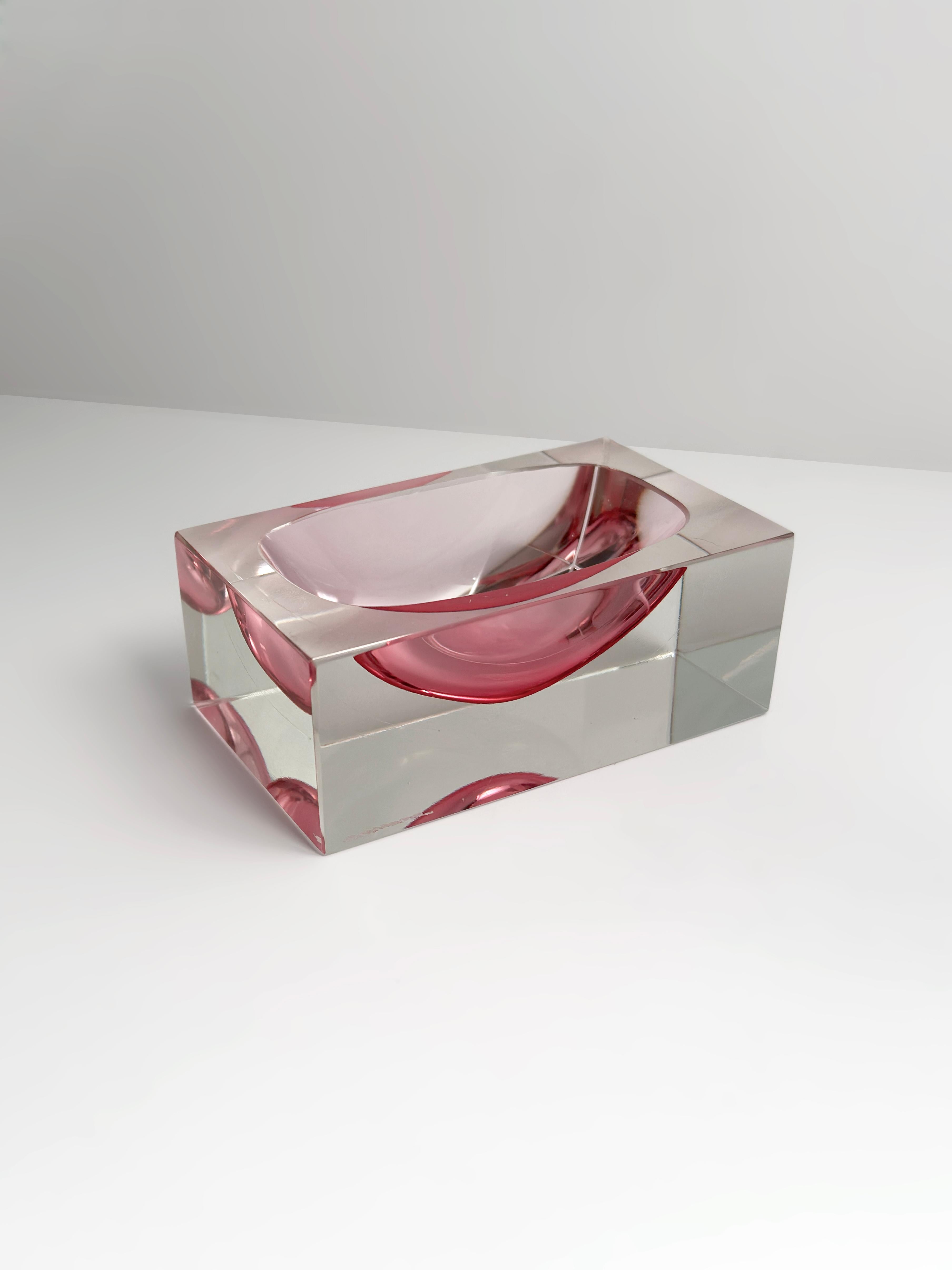 Italian Murano Glass Faceted Rectangular Block Bowl in Pink, 1980s For Sale