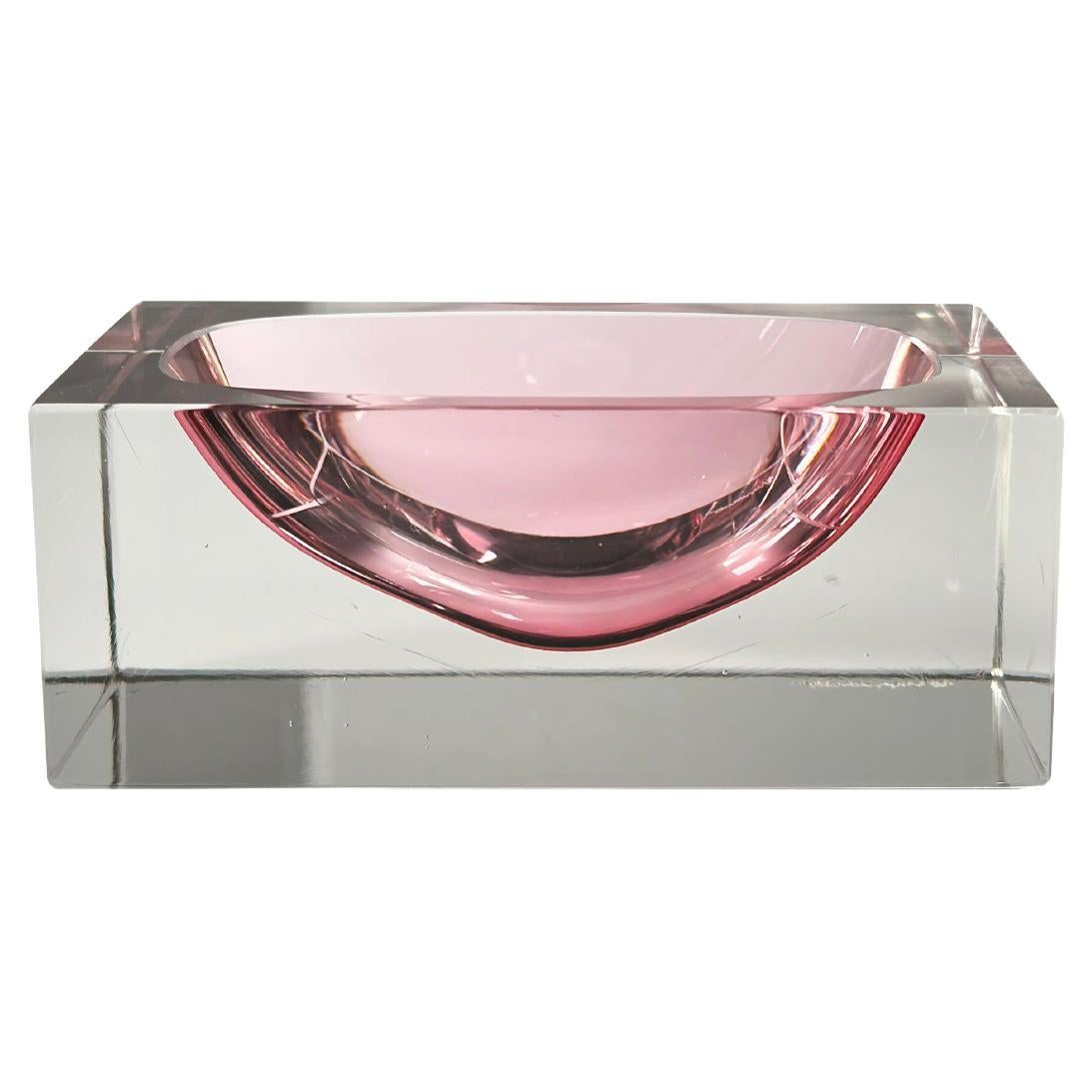Murano Glass Faceted Rectangular Block Bowl in Pink, 1980s For Sale