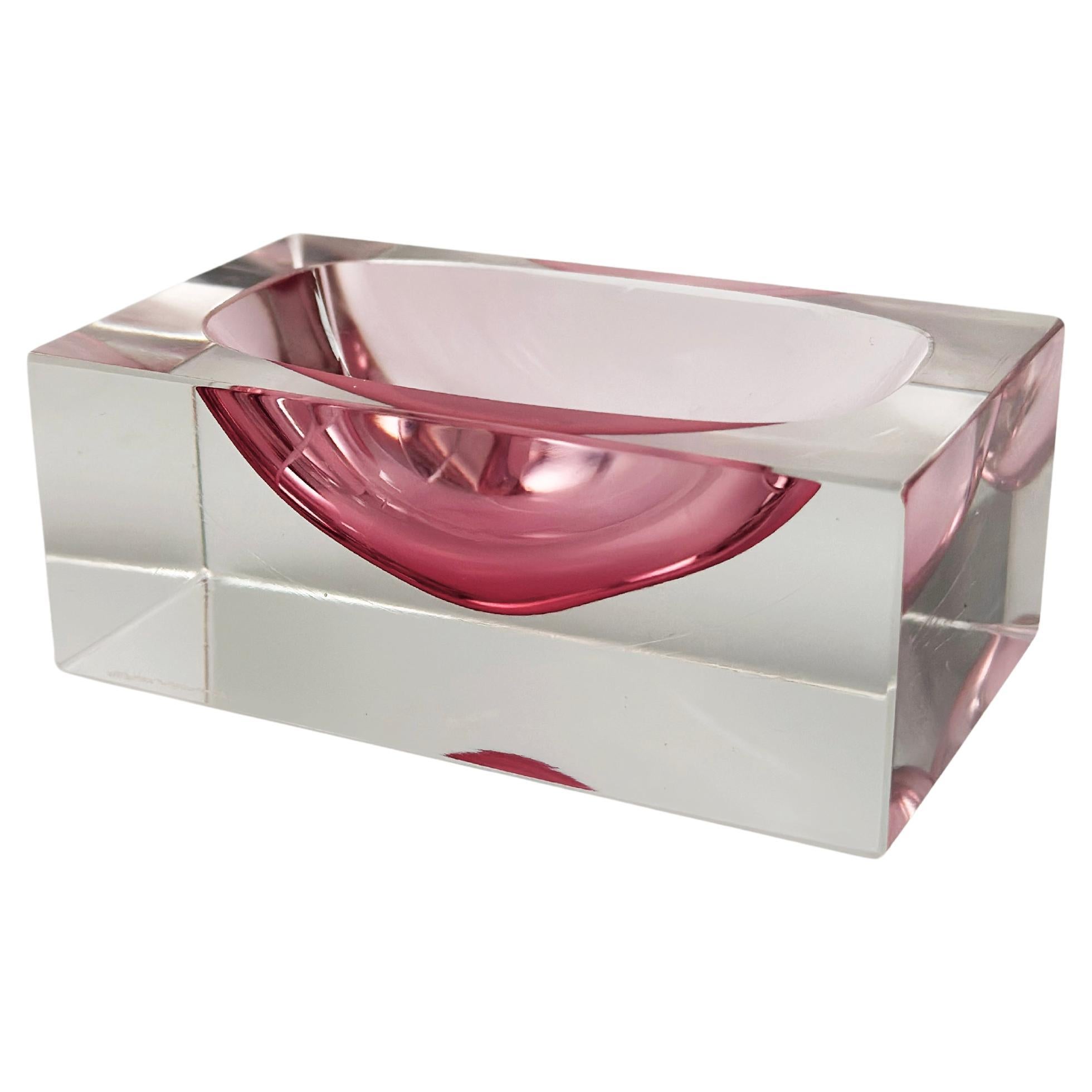 Faceted Murano Glass Block Bowl in Pink and Clear Sommerso, Italy, 1980s For Sale