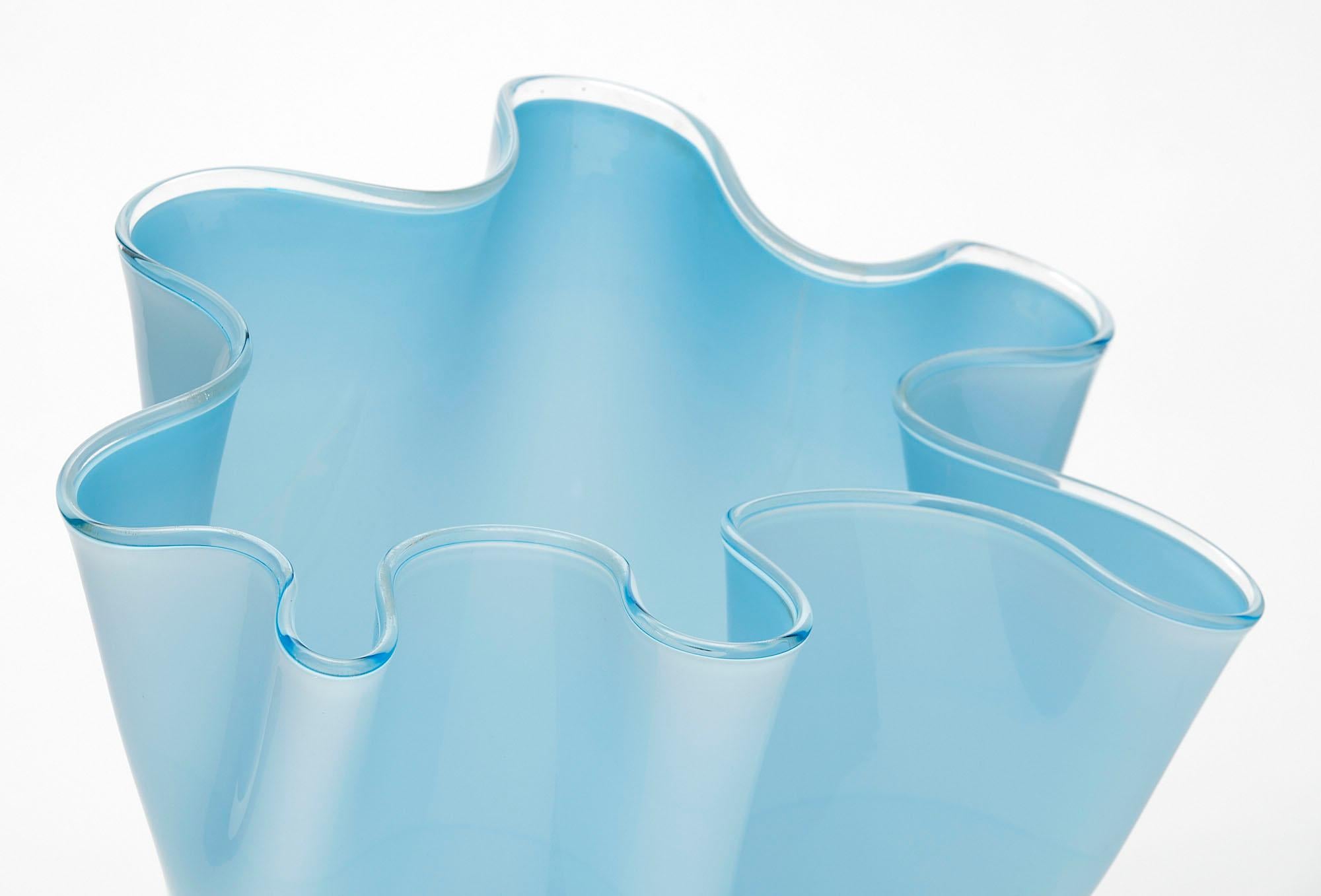 Lamp from the island of Murano. This “Fazzoletto” lamp; or “handkerchief”, is by Paolo Venini. It is hand-blown in a beautiful blue color. It has been newly wired to fit US standards.