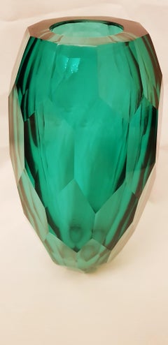Murano Glass Ferro Battuto, Emerald Green Diamond Faceted Vase