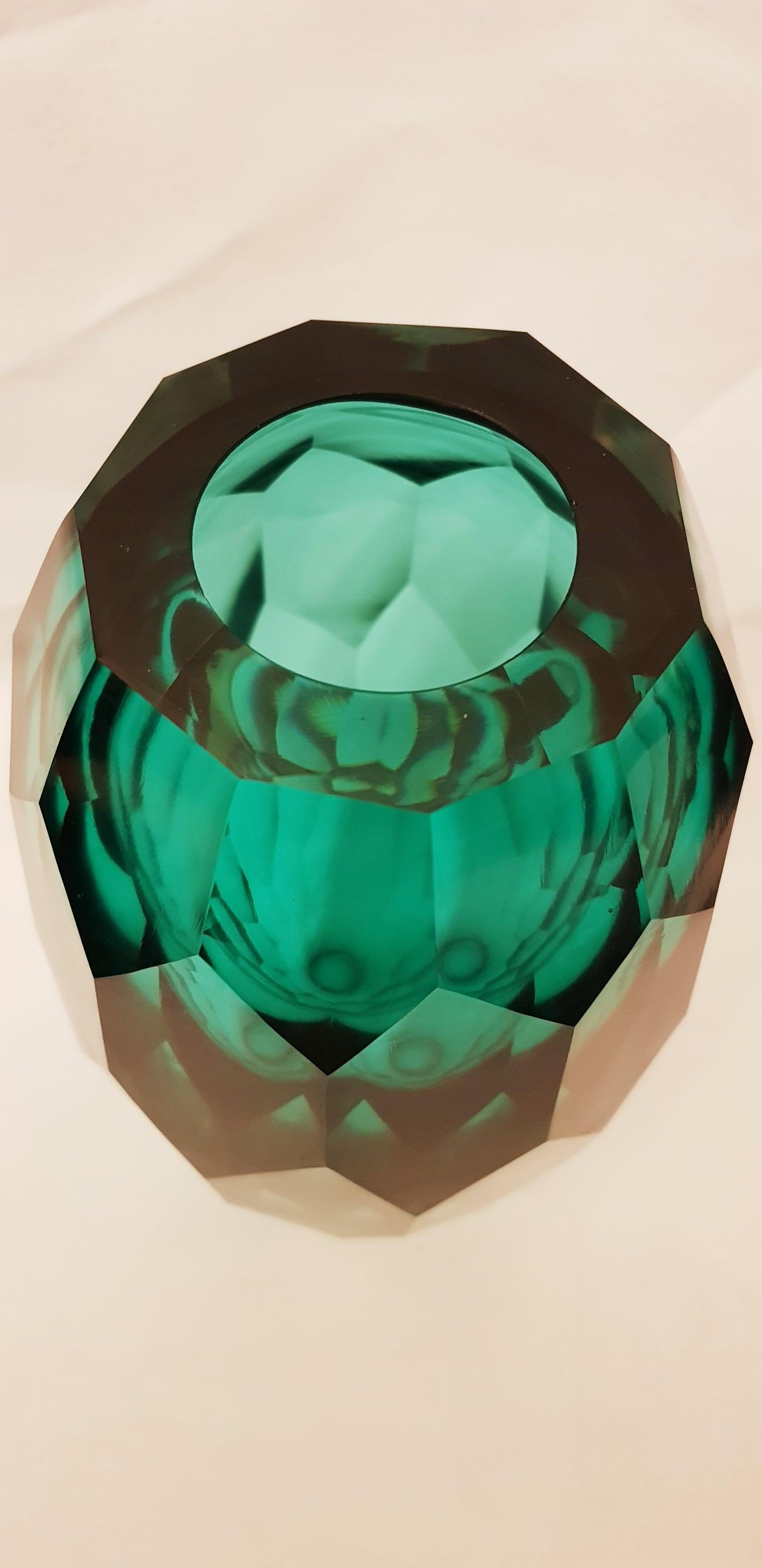 Art Deco Murano Glass Ferro Battuto, Emerald Green Diamond Faceted Vase For Sale