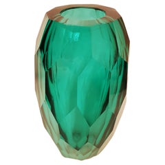 Murano Glass Ferro Battuto, Emerald Green Diamond Faceted Vase