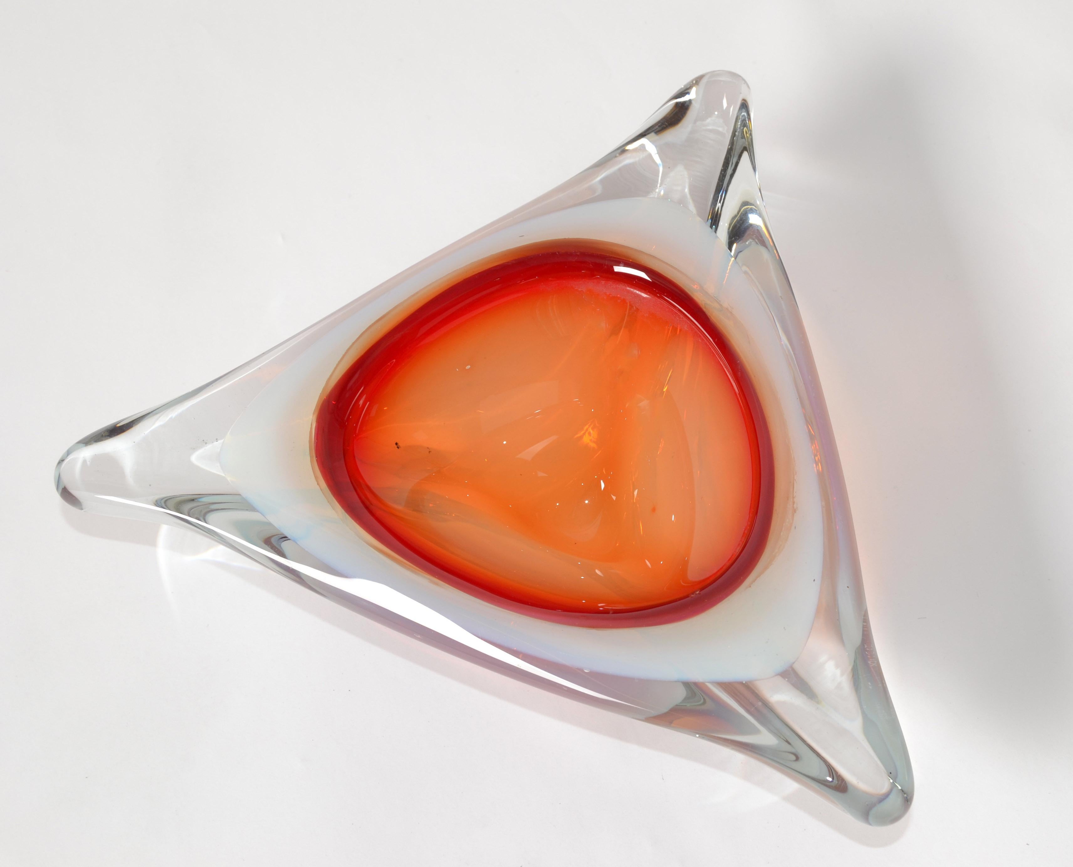 Murano Glass Ferro & Lazzarini Triple Cased White Orange Clear Catchall Bowl 60s For Sale 5