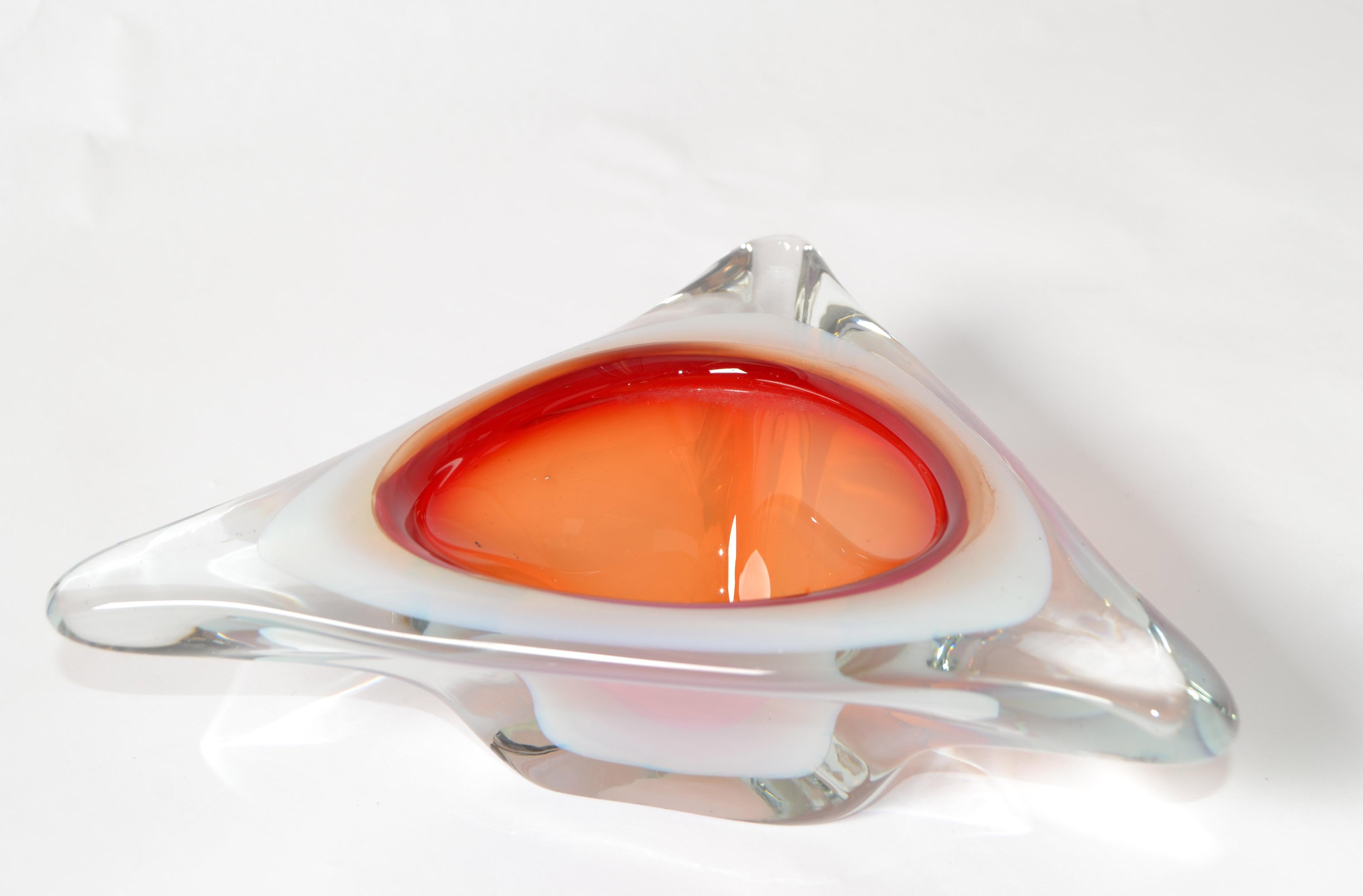 Murano Glass Ferro & Lazzarini Triple Cased White Orange Clear Catchall Bowl 60s For Sale 6