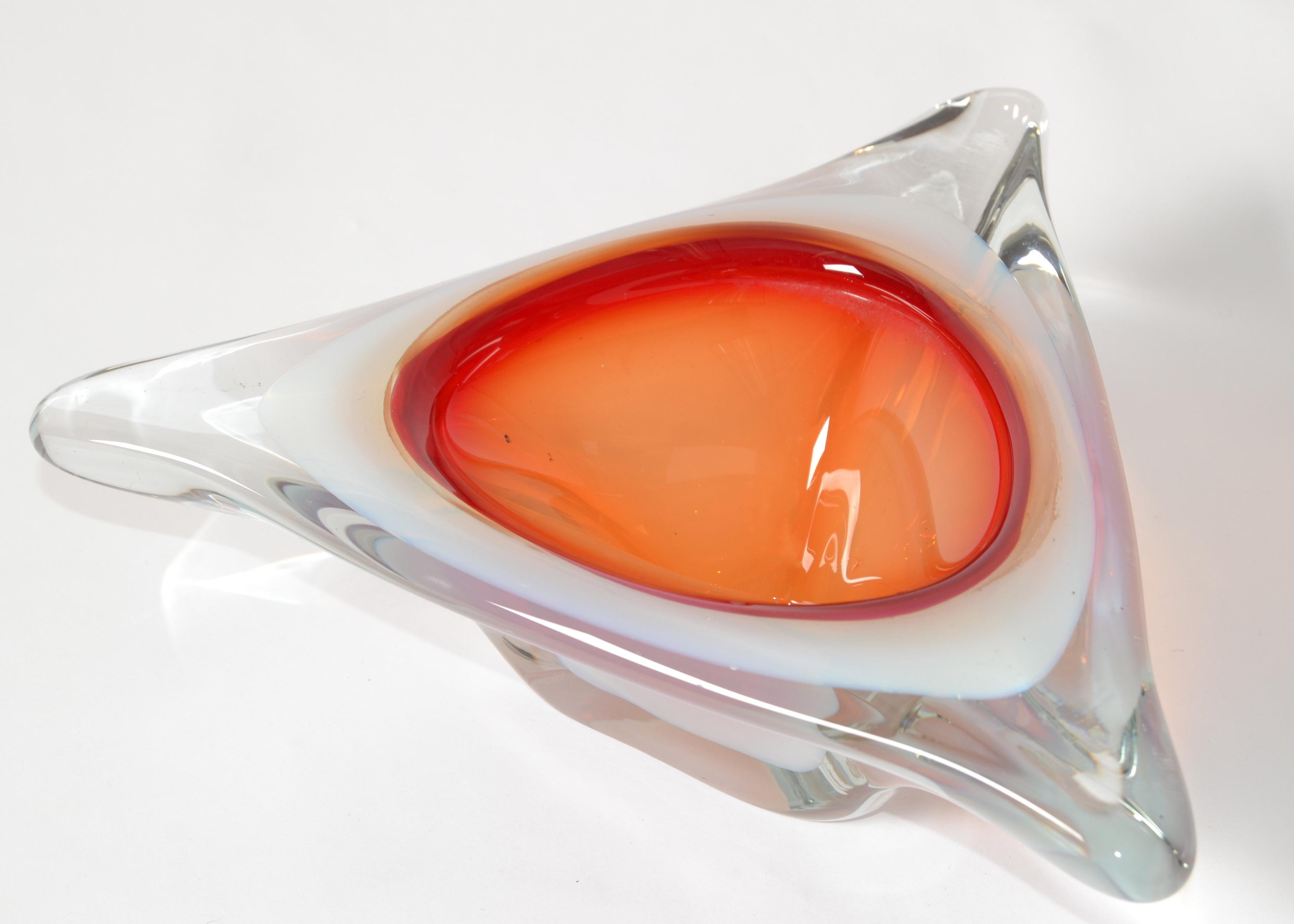 Murano Glass Ferro & Lazzarini Triple Cased White Orange Clear Catchall Bowl 60s For Sale 9