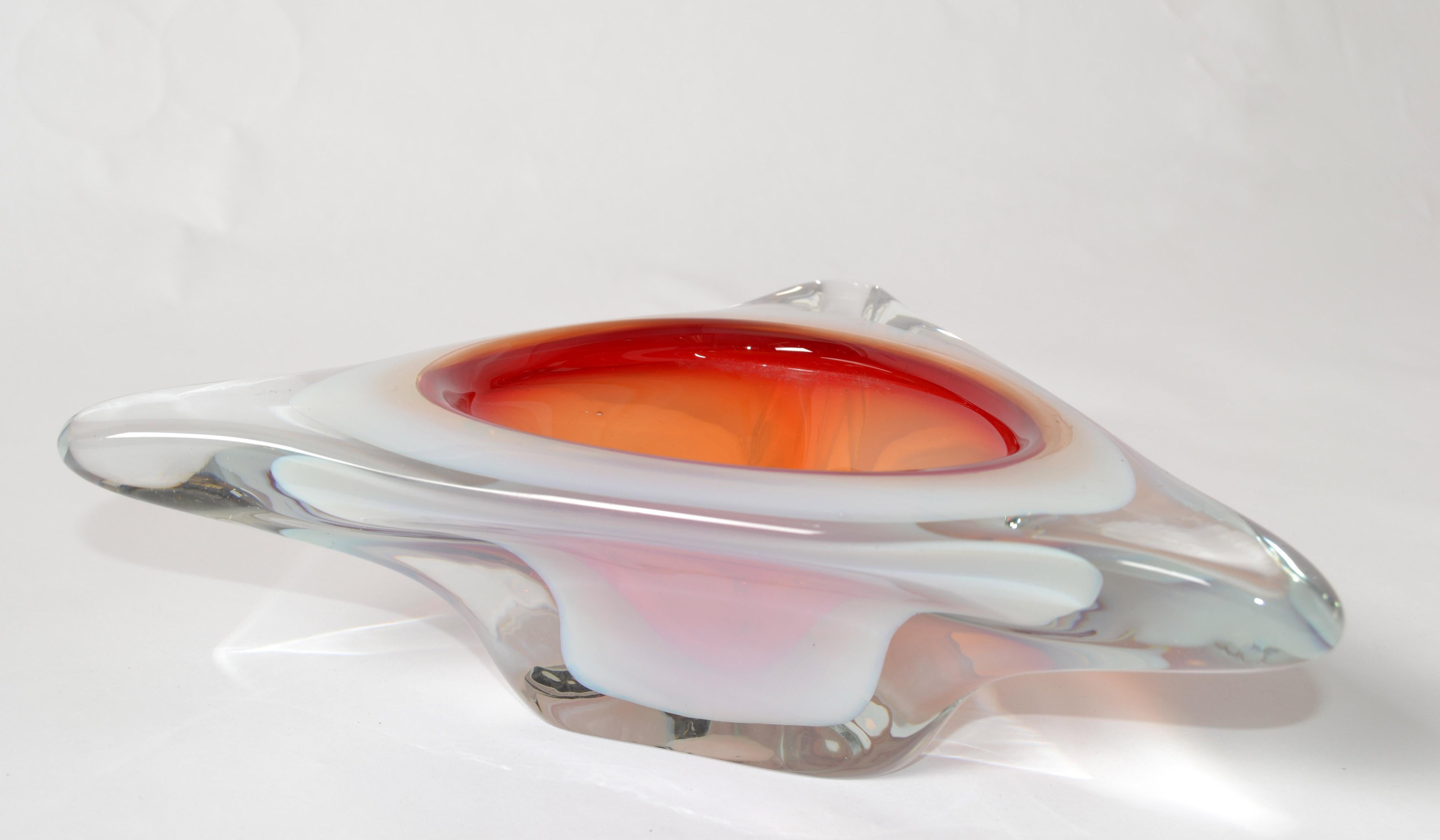 Mid-Century Modern Murano Glass Ferro & Lazzarini Triple Cased White Orange Clear Catchall Bowl 60s For Sale