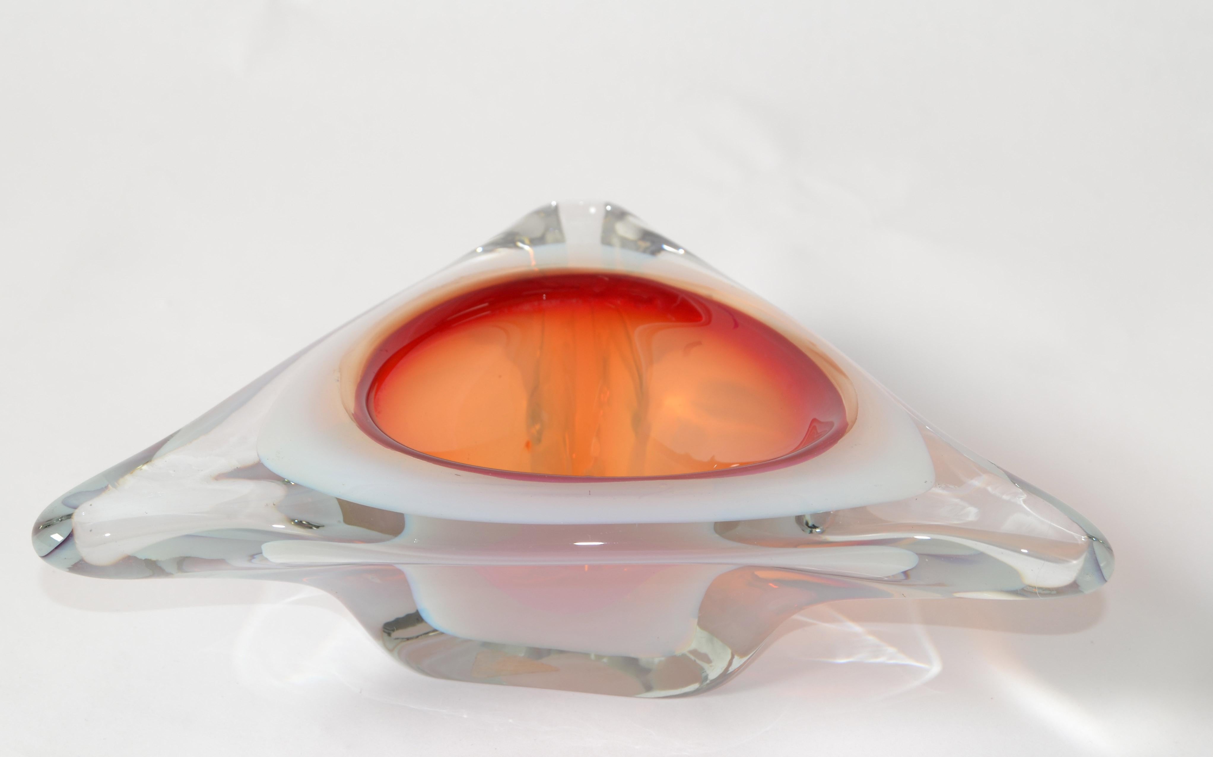 Italian Murano Glass Ferro & Lazzarini Triple Cased White Orange Clear Catchall Bowl 60s For Sale