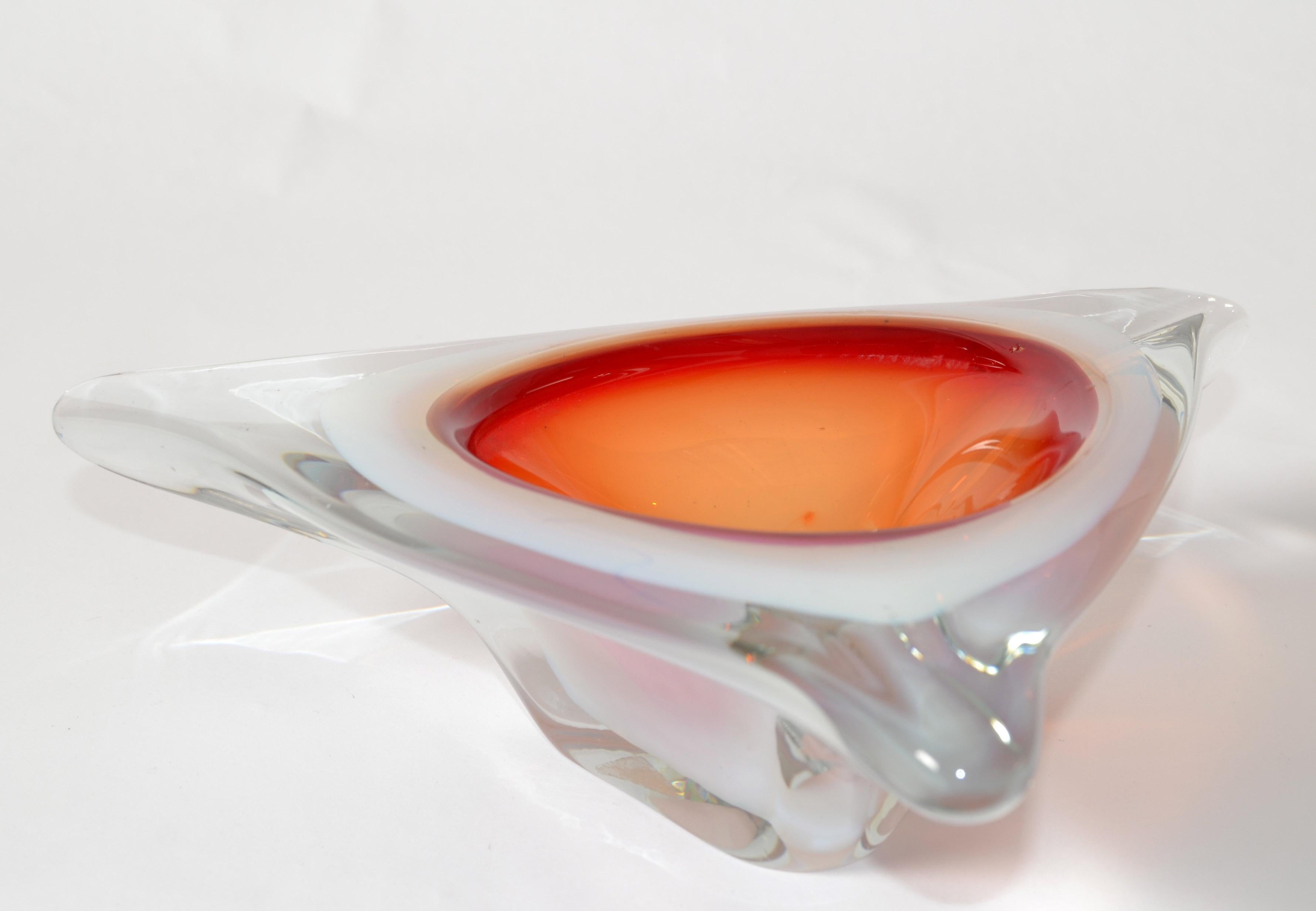 Hand-Crafted Murano Glass Ferro & Lazzarini Triple Cased White Orange Clear Catchall Bowl 60s For Sale
