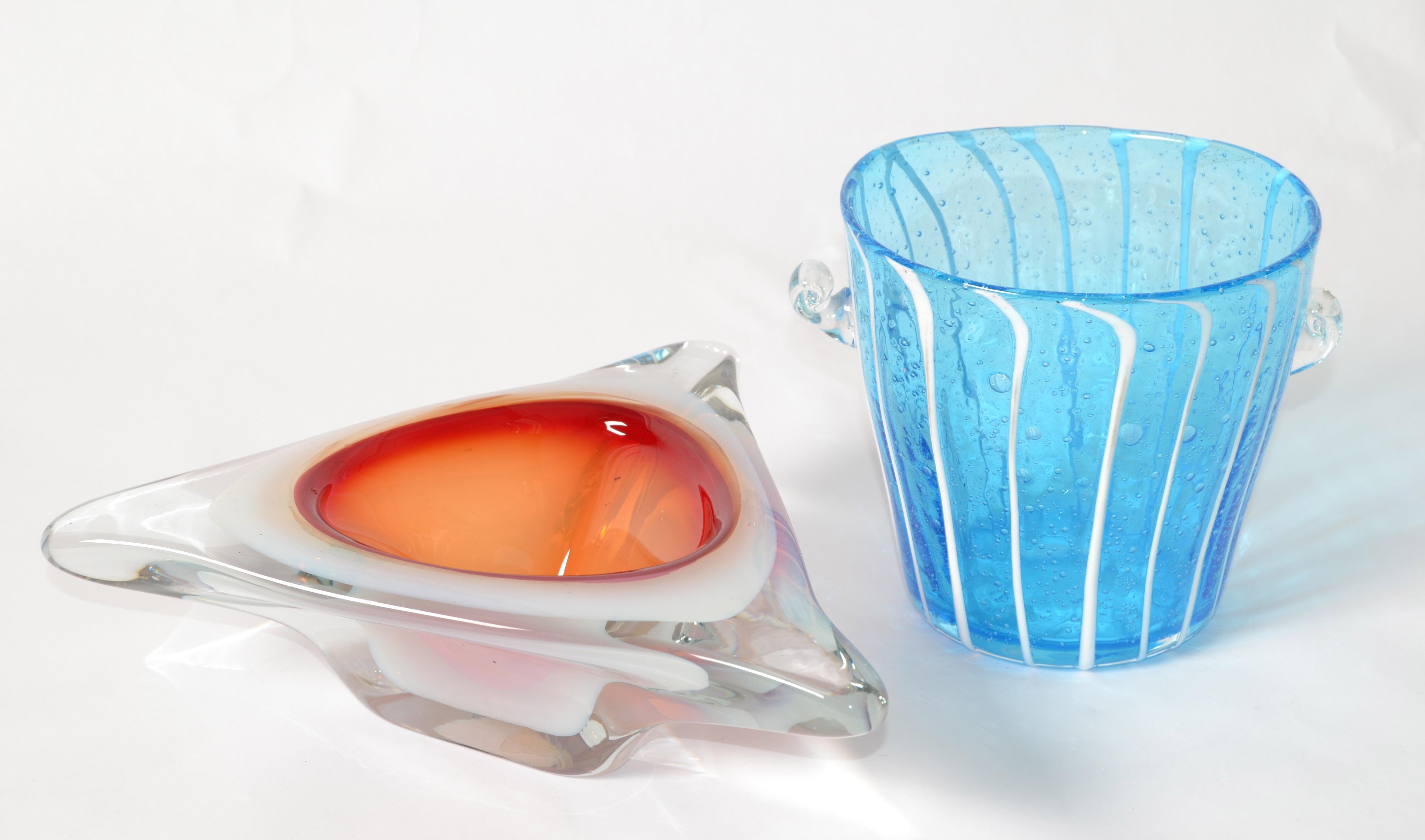 Murano Glass Ferro & Lazzarini Triple Cased White Orange Clear Catchall Bowl 60s For Sale 1