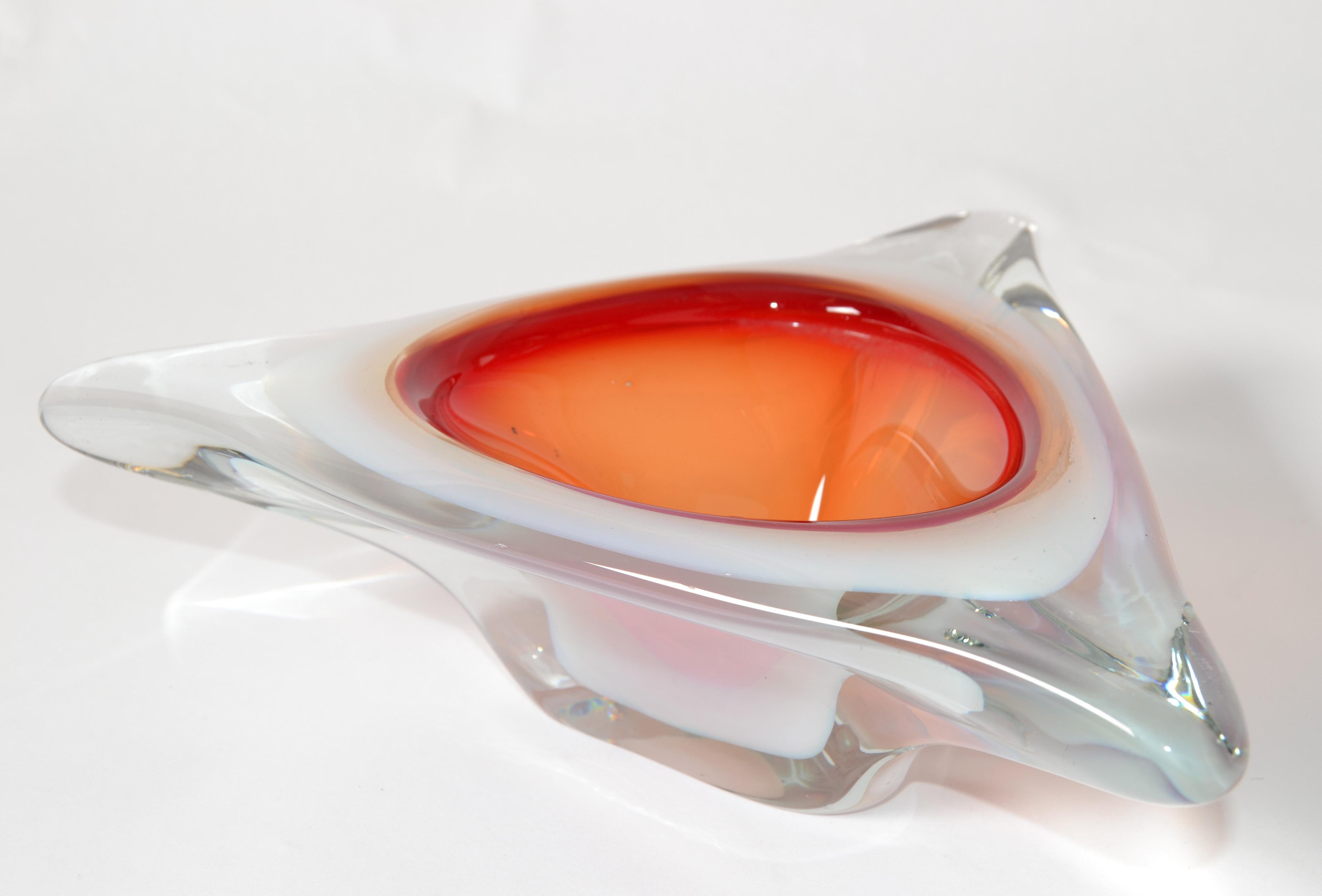 Murano Glass Ferro & Lazzarini Triple Cased White Orange Clear Catchall Bowl 60s For Sale 2