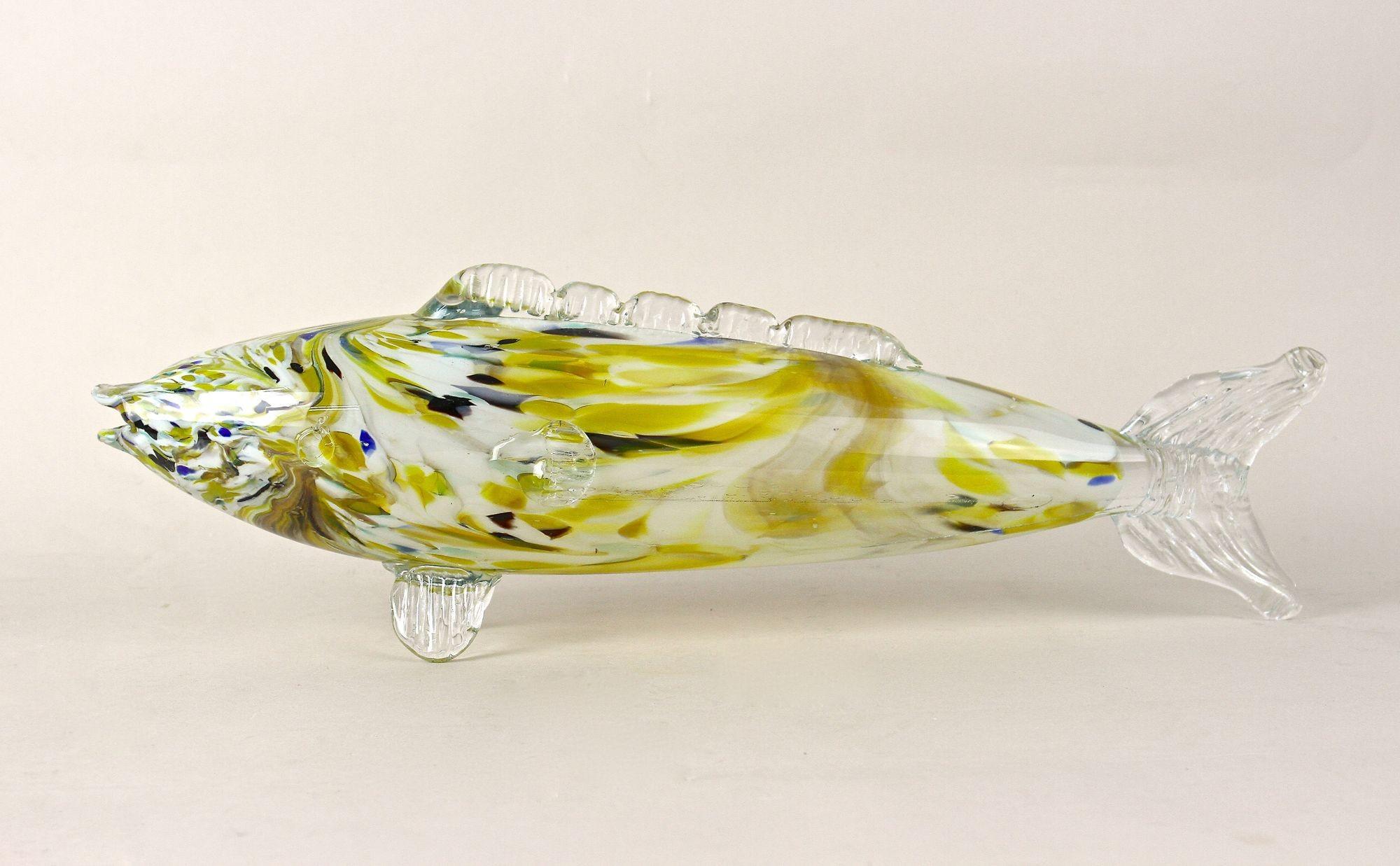 Straordinaria scultura di pesce in vetro di Murano di grandi dimensioni, proveniente dai famosi laboratori della famosa isola di Venezia. Realizzata a mano in Italia a metà del secolo scorso, intorno al 1950, questa graziosa scultura di animali in