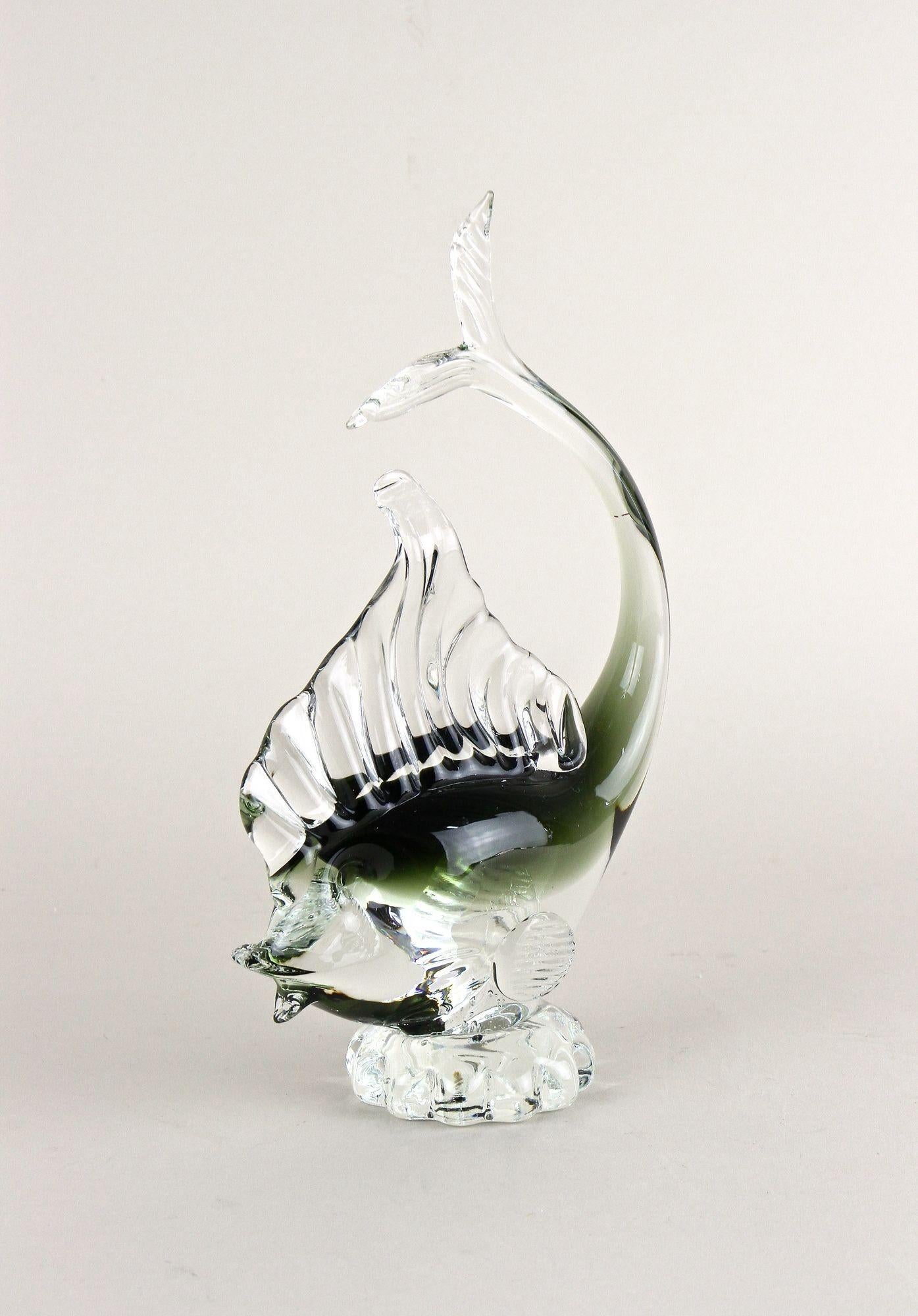 Beautiful Murano glass fish sculpture out of the famous workshops from the little island of venice/ Italy from the 1970s. This mid century modern Murano fish shows the incredible craftsmanship of the renowed glass artist in bella Italia. There are