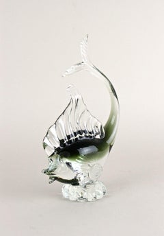 Murano Glass Fish Sculpture - Olive Green/ Clear Glass, Italy circa 1970