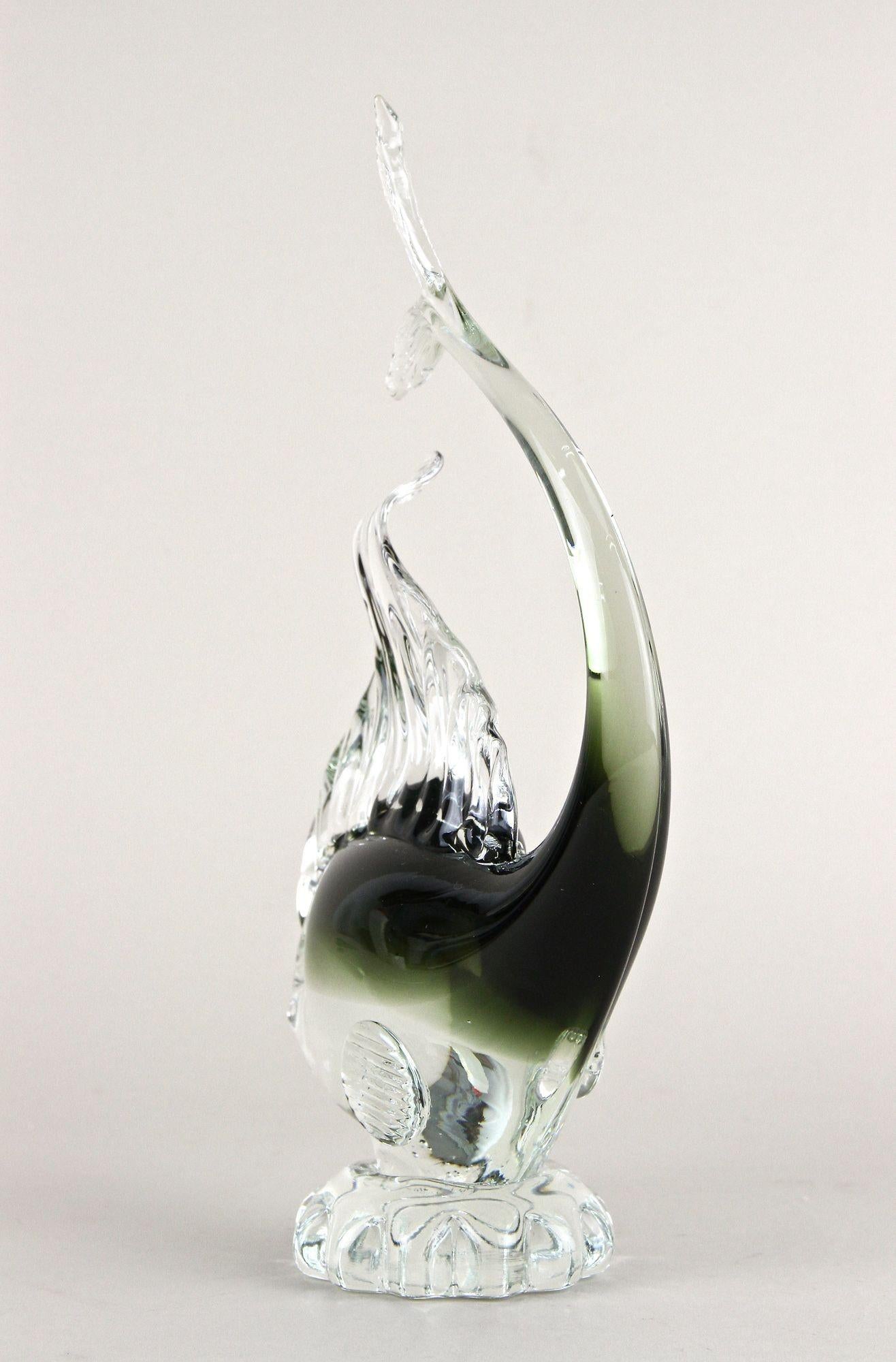 20th Century Murano Glass Fish Sculpture - Olive Green/ Clear Glass, Italy circa 1970 For Sale