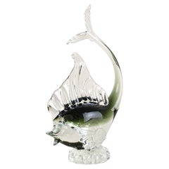Retro Murano Glass Fish Sculpture - Olive Green/ Clear Glass, Italy circa 1970
