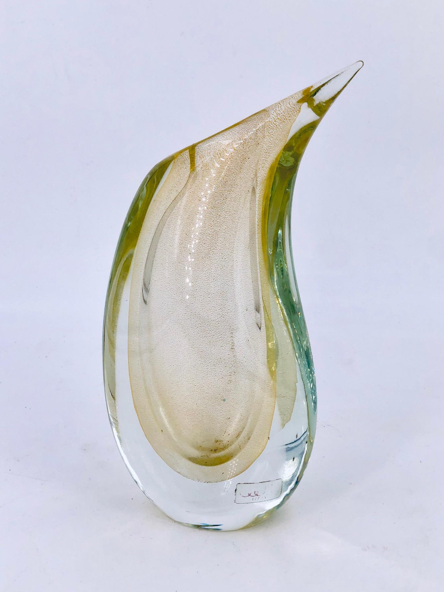 Whimsical Sommerso glass vase. An art glass work attributed to Flavio Poli. Amazing shape and great gold dust color.