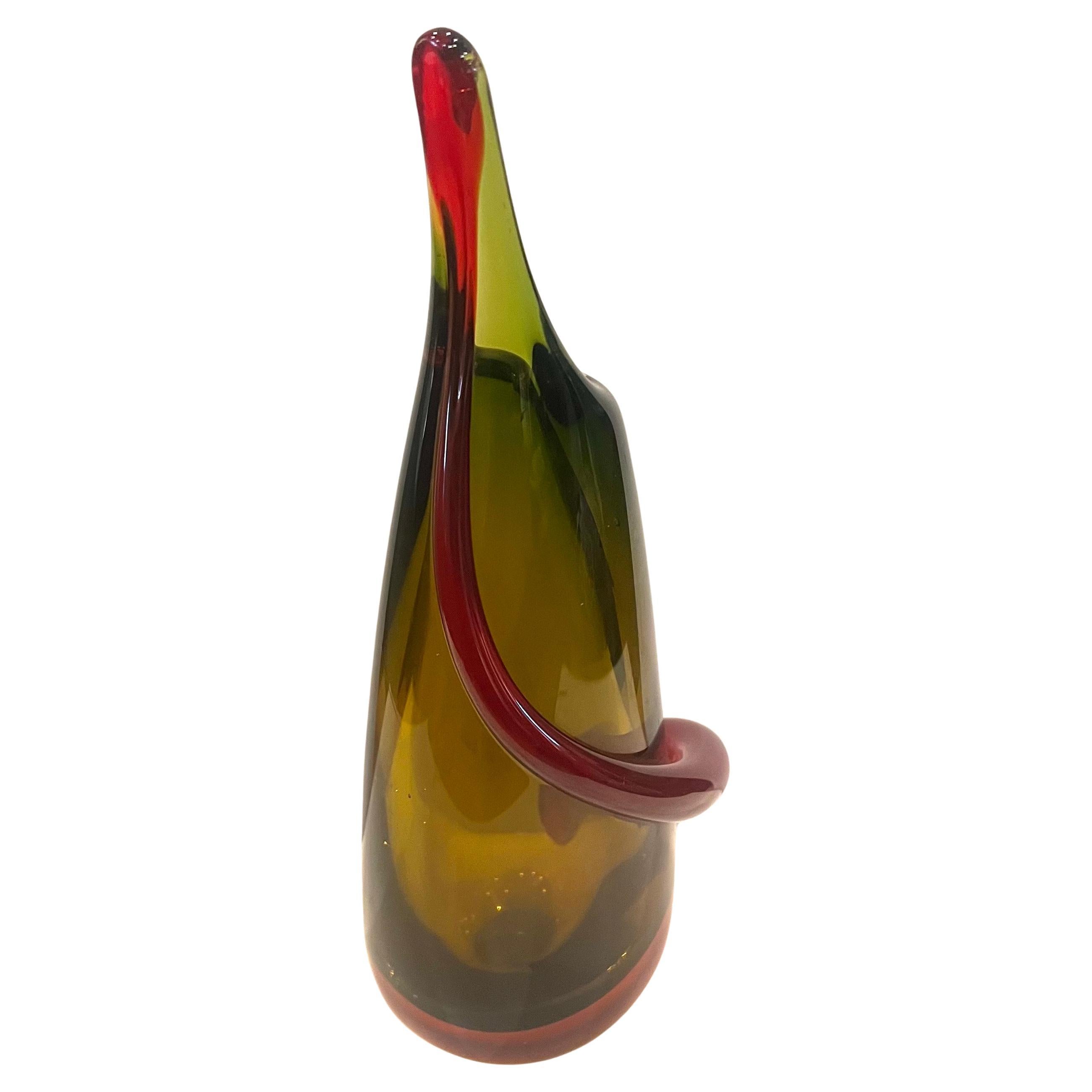 Beautiful elegant Sommerso glass vase. An art glass work attributed to Flavio Poli. Amazing shape and great colors amber green with red accent.