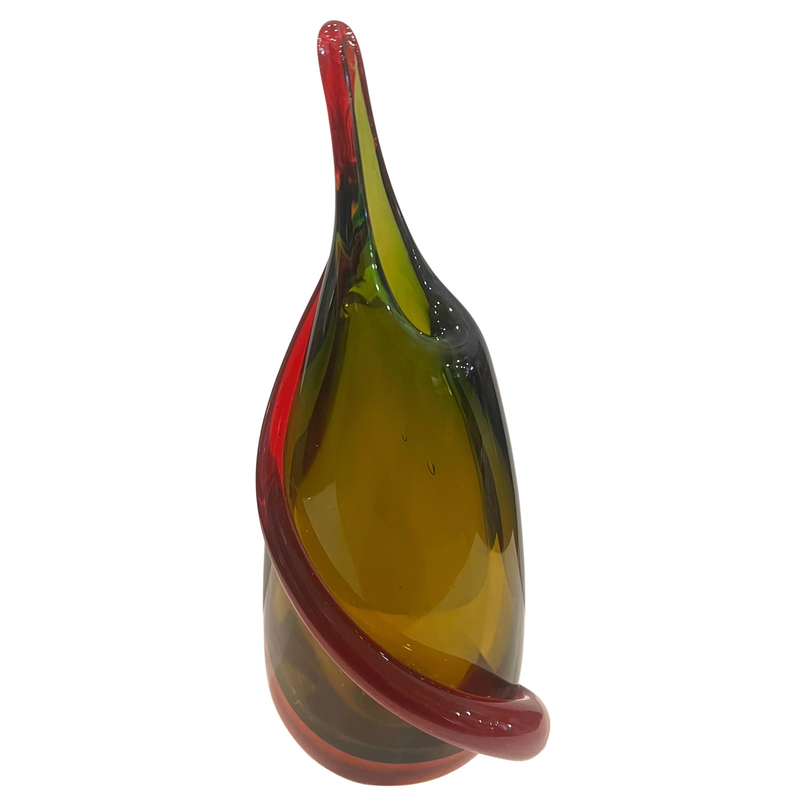 Hollywood Regency Murano Glass Flavio Poli  Sommerso Teardrop Vase Green/amber & Red Accent