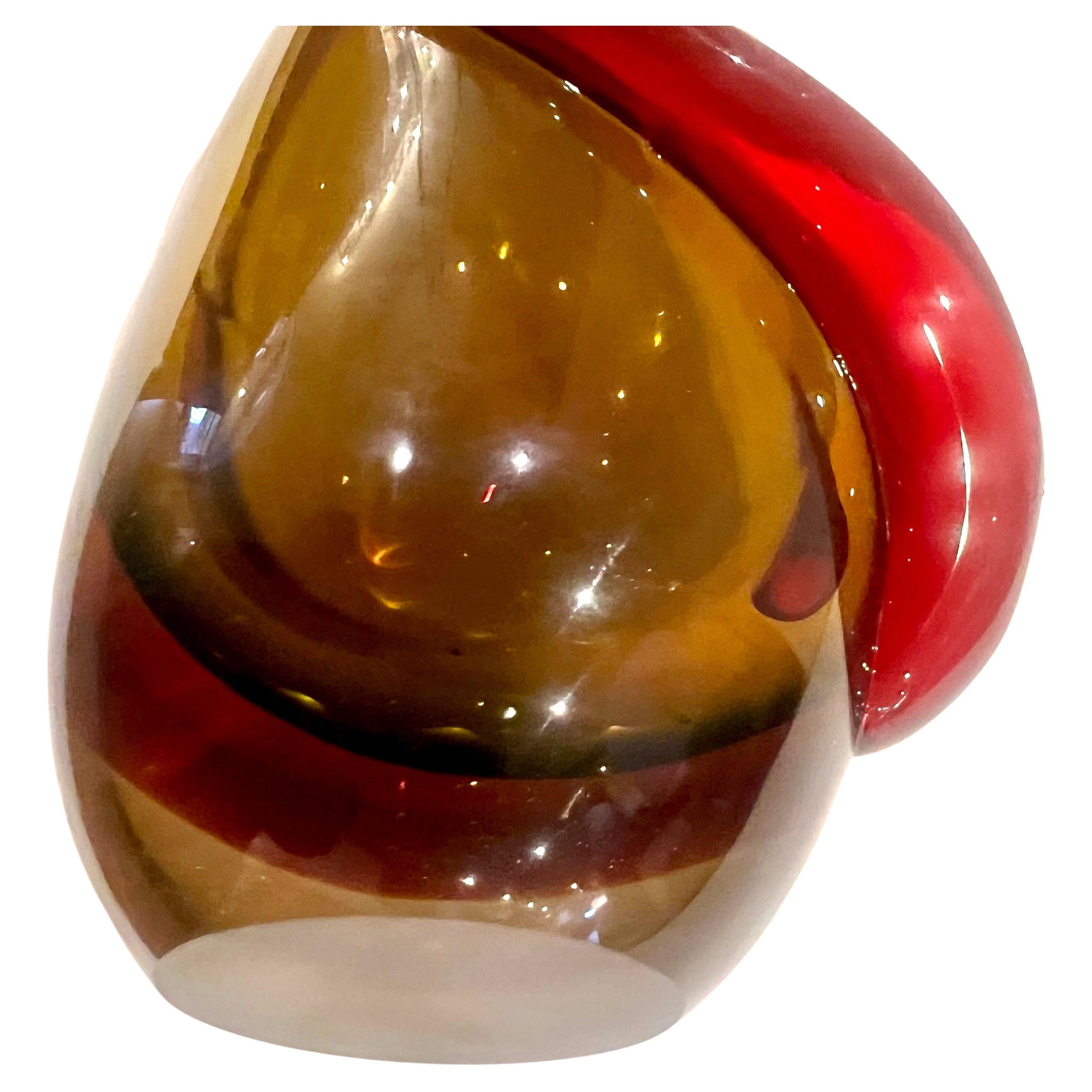 Italian Murano Glass Flavio Poli  Sommerso Teardrop Vase Green/amber & Red Accent